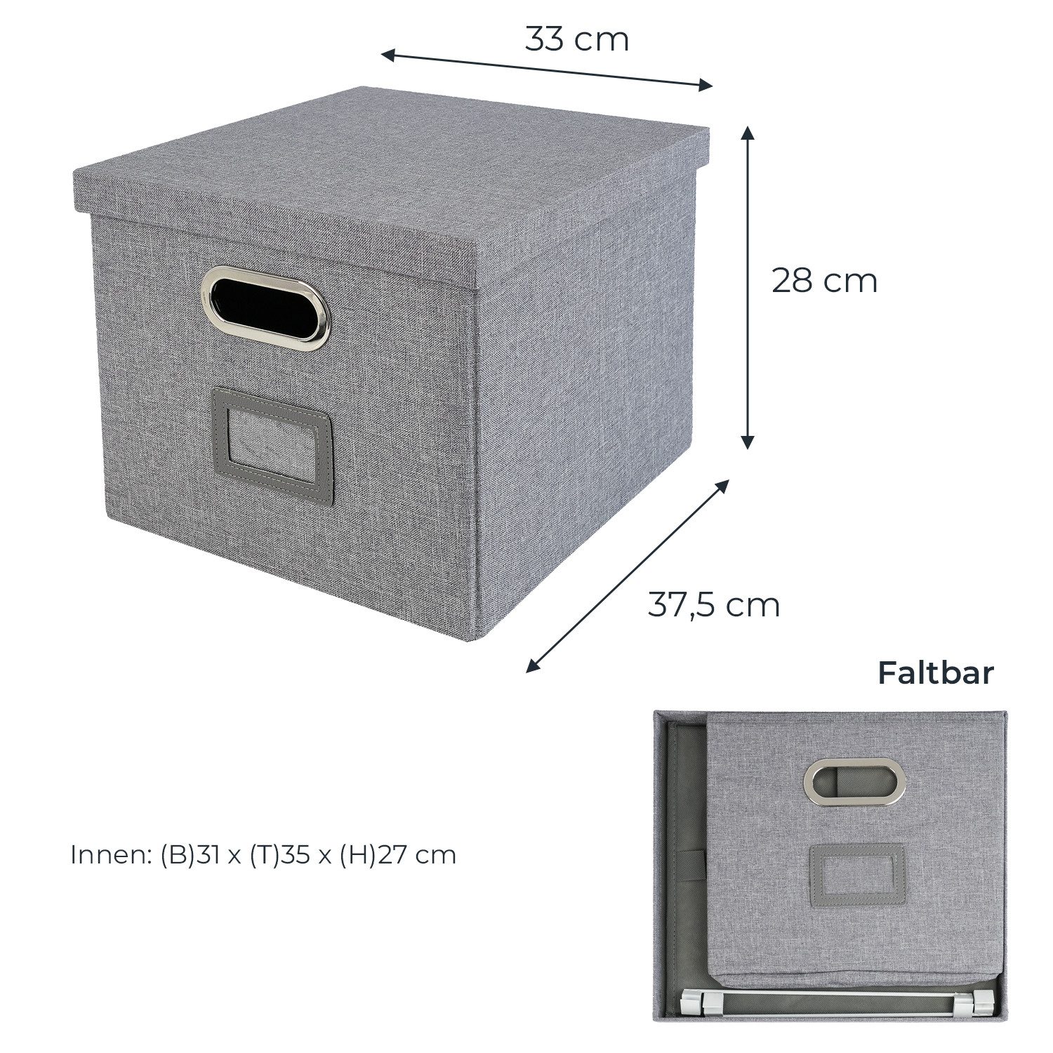 HMF Aufbewahrungsbox Aufbewahrungsbox mit Deckel für DIN A4 Hängeregister, Box passend für KALLAX Regal, 33 x 37,5 x 28 cm, Grau – Bild 5 von 5