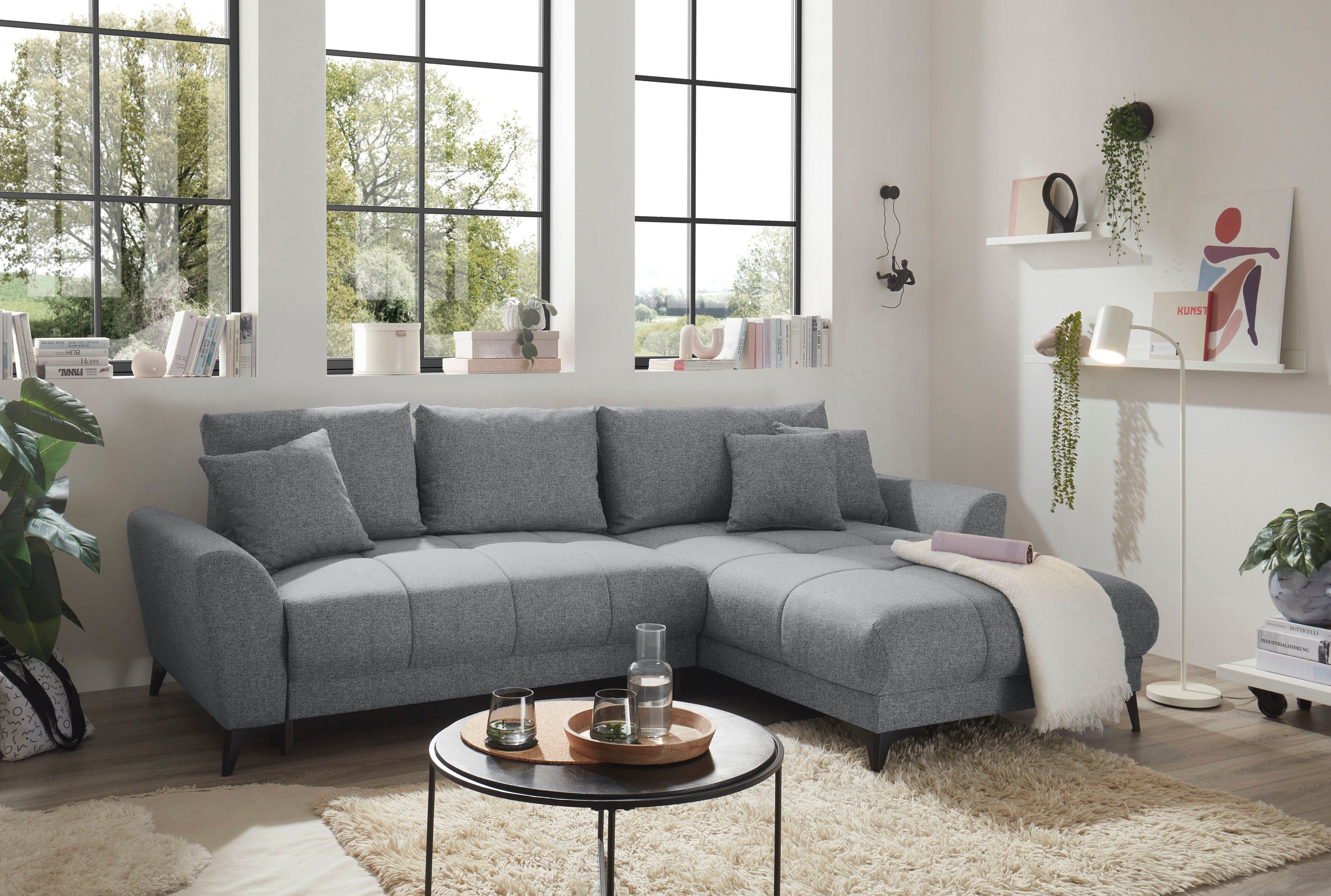 ED EXCITING DESIGN Ecksofa Bern L-Form, mit Bettfunktion, Bettkasten & 3 Zierkissen