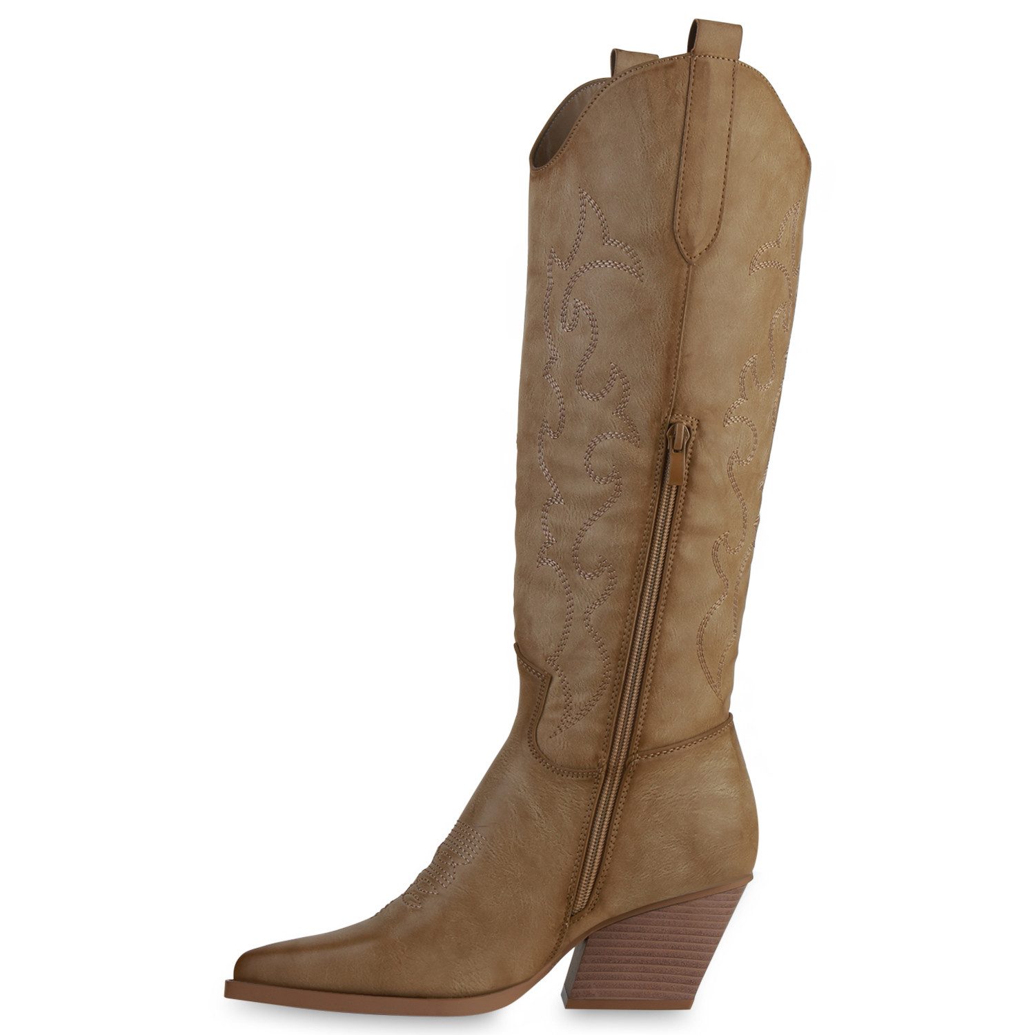 VAN HILL 838830 Cowboystiefel Damen Stiefel Cowboystiefel Stickereien Holzoptikabsatz