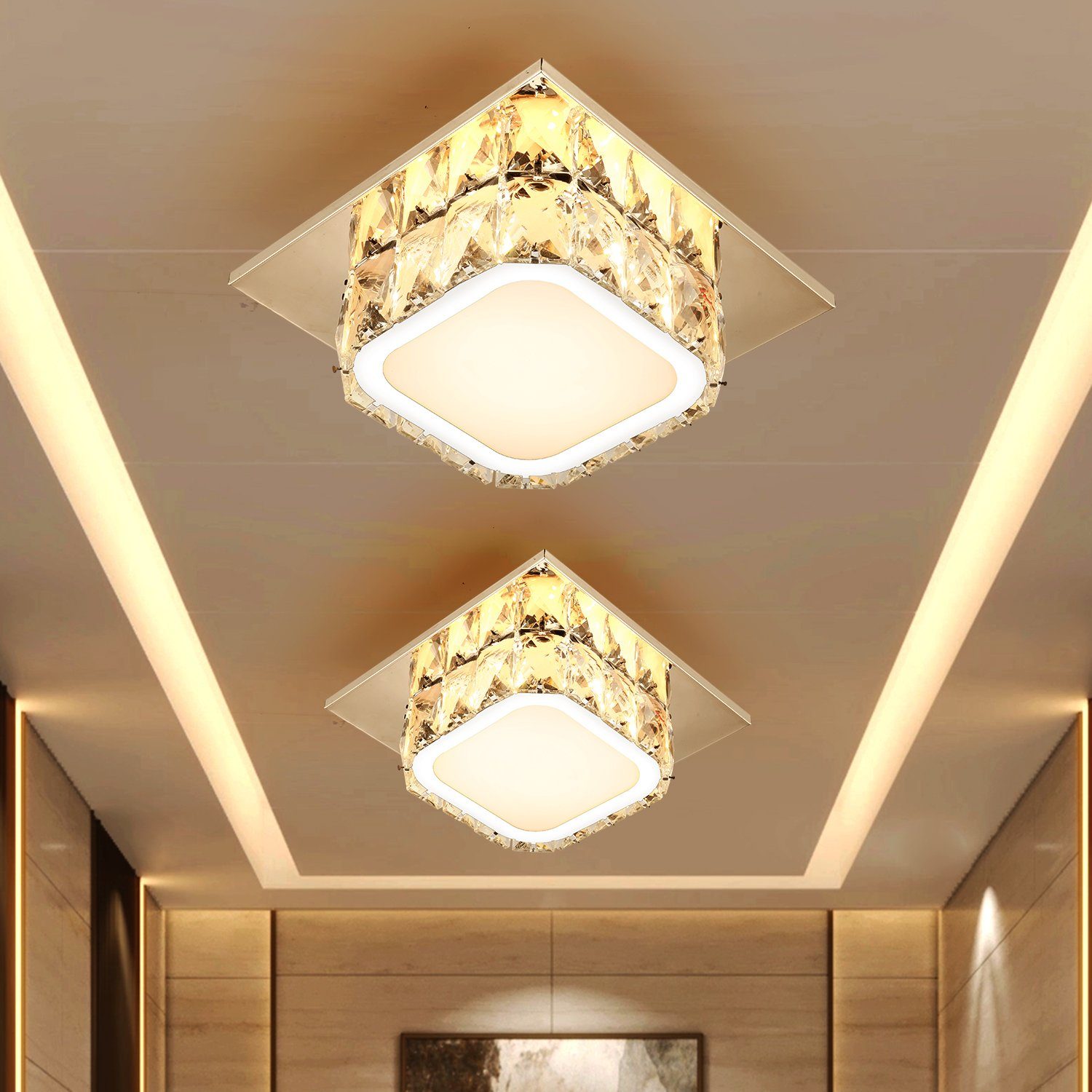 LETGOSPT LED Deckenleuchte Kristall Deckenleuchte Kronleuchter  Pendelleuchte Luxus Kristall Lampe, LED fest integriert, kaltweiße,  Warmweiß, 20x20x8cm, 16W Schlafzimmerlampe, für Schlafzimmer Flur  (Quadratisch)
