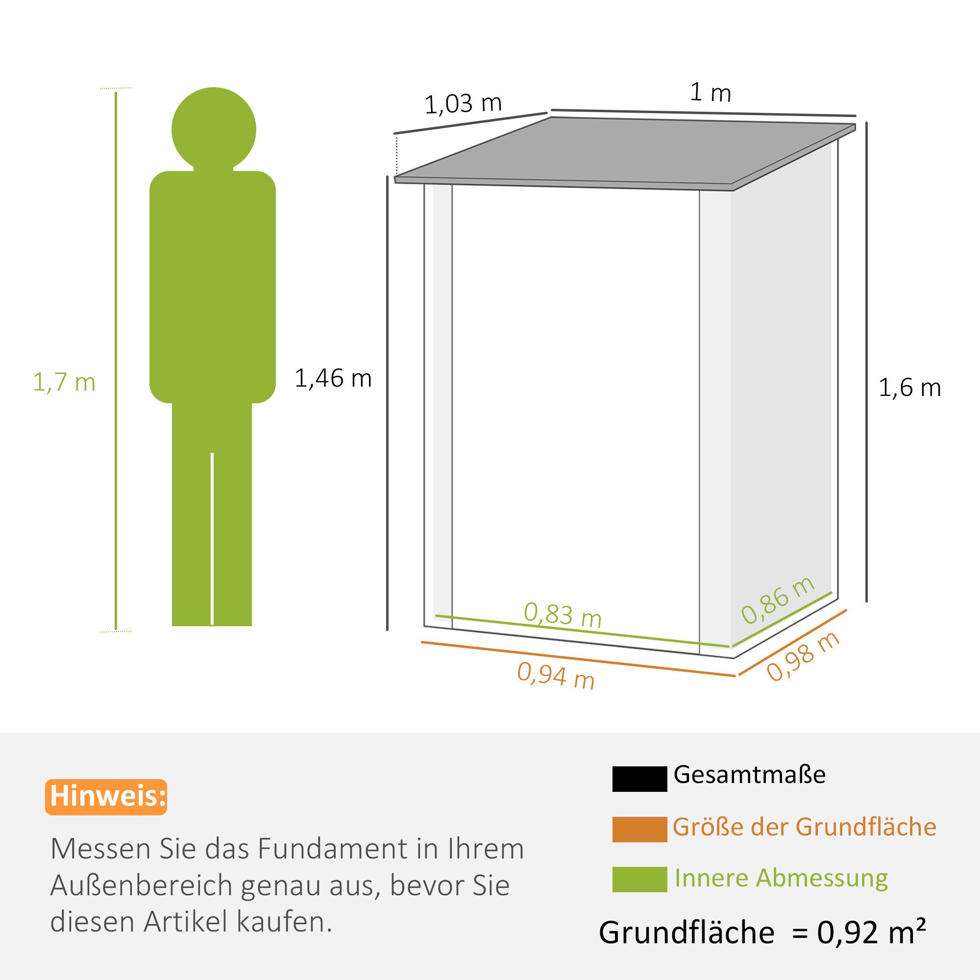 Outsunny Gerätehaus mit Pultdach, Abschließbarer Tür, BxT: 100x103 cm, (Metall Geräteschuppen, 1 St., Gartenhaus 0,92 m), für Hinterhof Außenbereich Grün