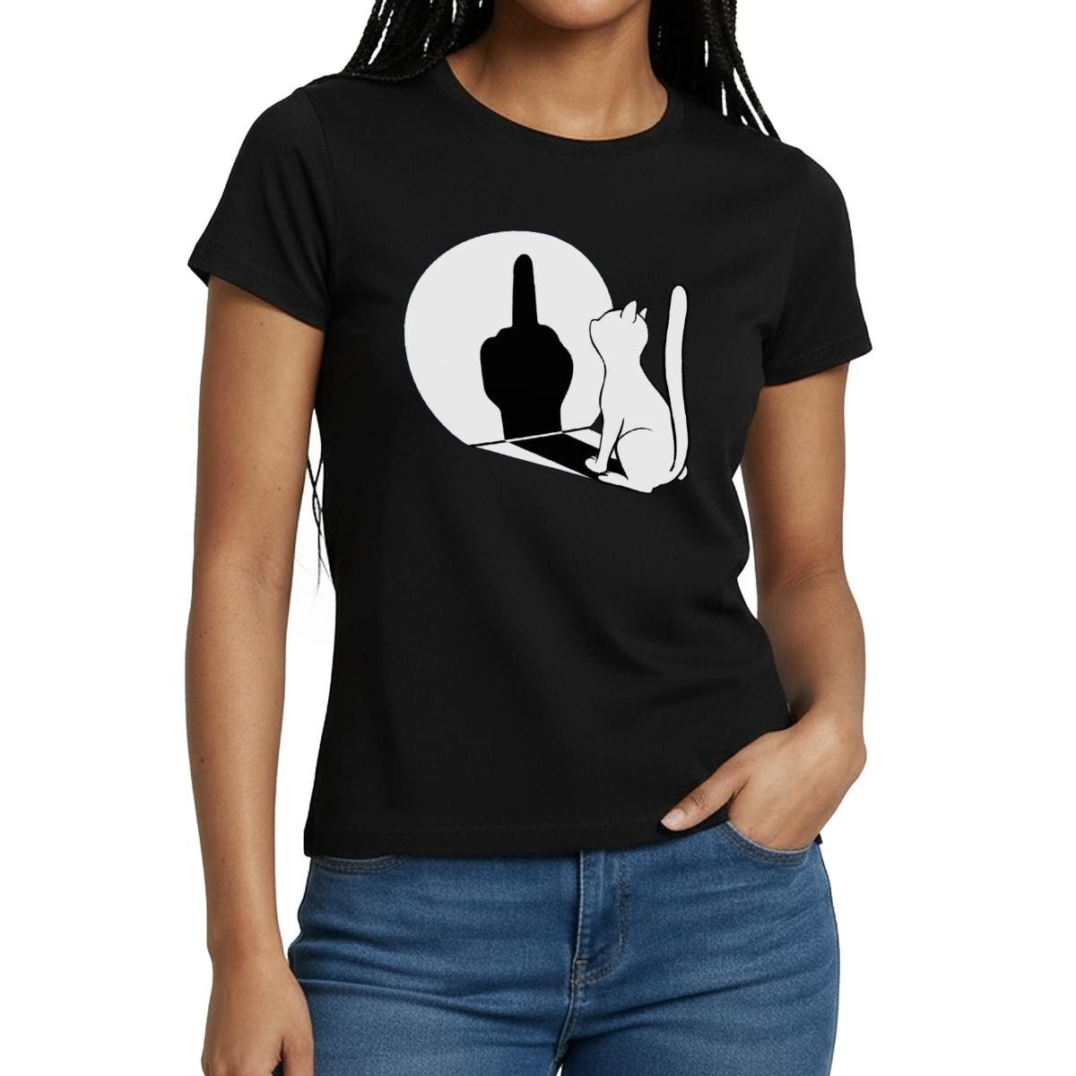 T-Shirt Schattenspiel Katze Mittelfinger Frauen T-Shirt