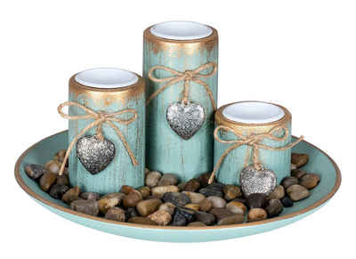 Levandeo® Teelichthalter mit Tablett, Teelichthalter Set B25cm Holzteller Tischdeko Grün Gold Shabby Chic