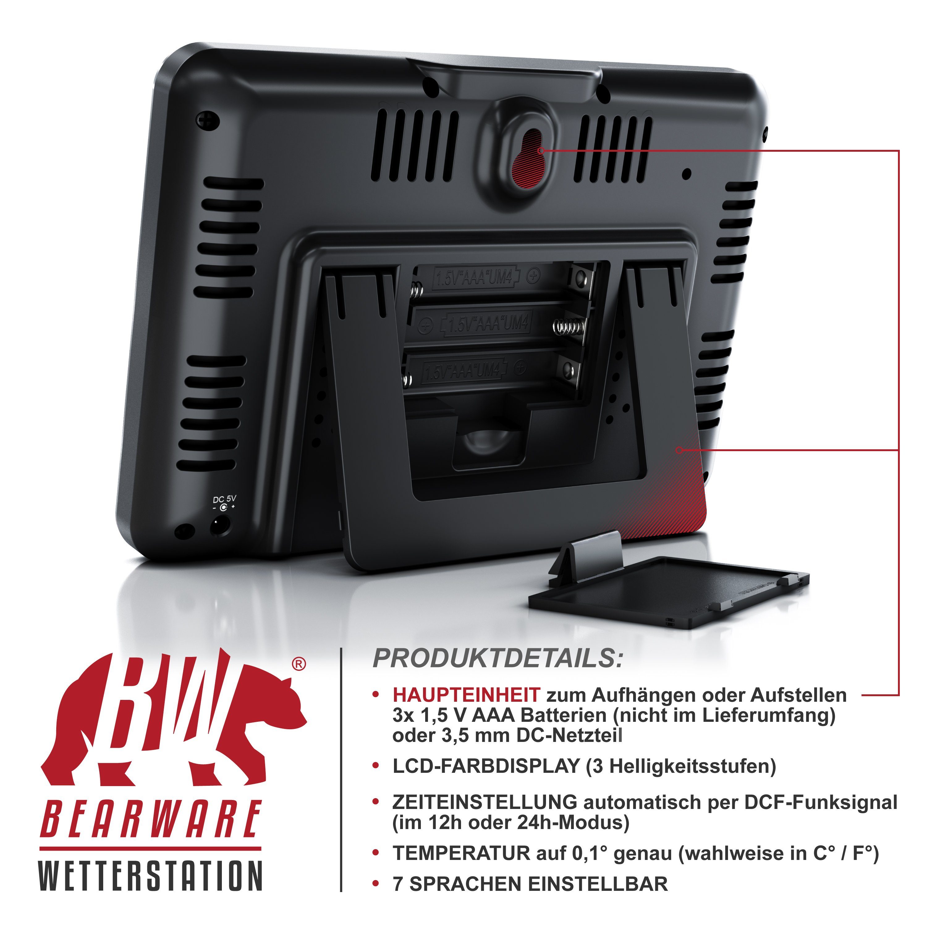 BEARWARE mit Farbdisplay und Außensensor, Funkwetterstation, Wettervorhersage Wetterstation (Außensensor; Netzteil; Bedienungsanleitung, Innen- und Außentemperatur, Barometer, Frostalarm, 2 Weckalarme)