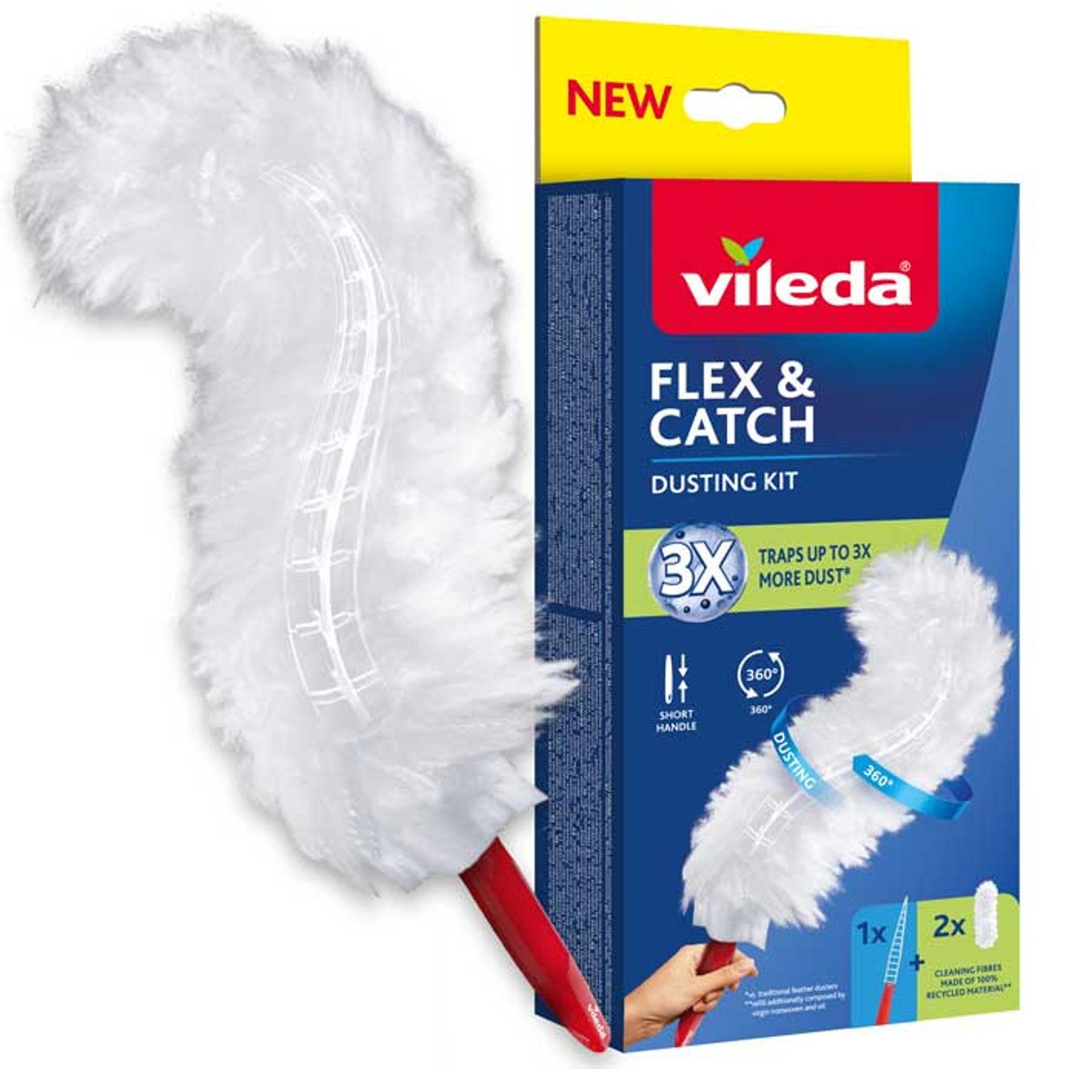 Vileda Staubbesen Flex&Catch mit kurzem Stiel, inklusive 2 Kartuschen, rutschfester, flexibler Kopf