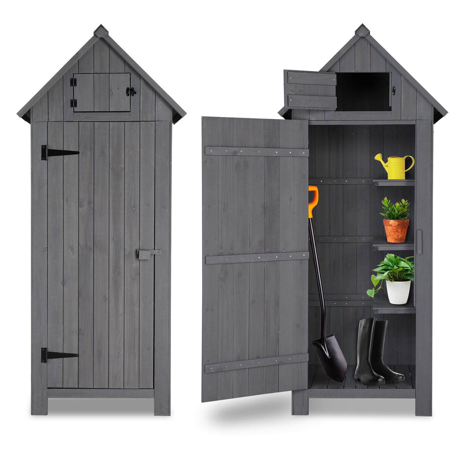 LALAHO Geräteschrank Geräteschuppen Werkzeugschrank Outdoor Holz Gerätehaus für Außenbereich, Satteldach, 77 X 54 X 180 cm