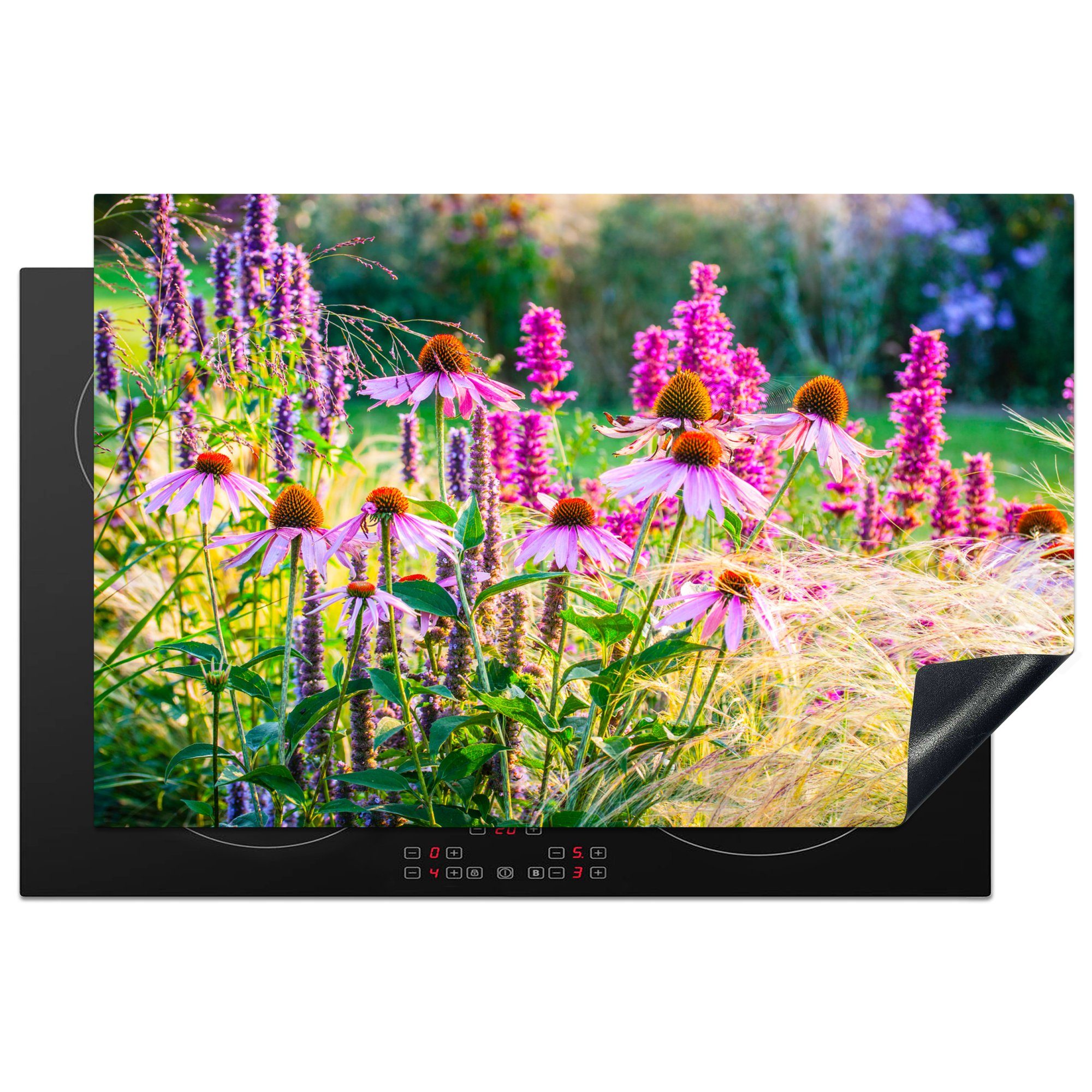 MuchoWow Herdblende-/Abdeckplatte Ziergras mit rosa Blüten, Vinyl, (1 tlg), 81x52 cm, Induktionskochfeld Schutz für die küche, Ceranfeldabdeckung | Herdabdeckplatten