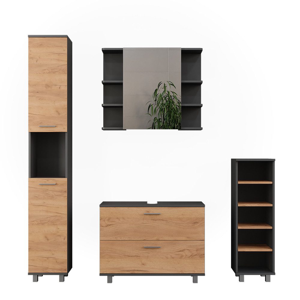 Badmöbel-Set Ilias, Goldkraft Eiche/Anthrazit/Anthrazit, 4 Teile