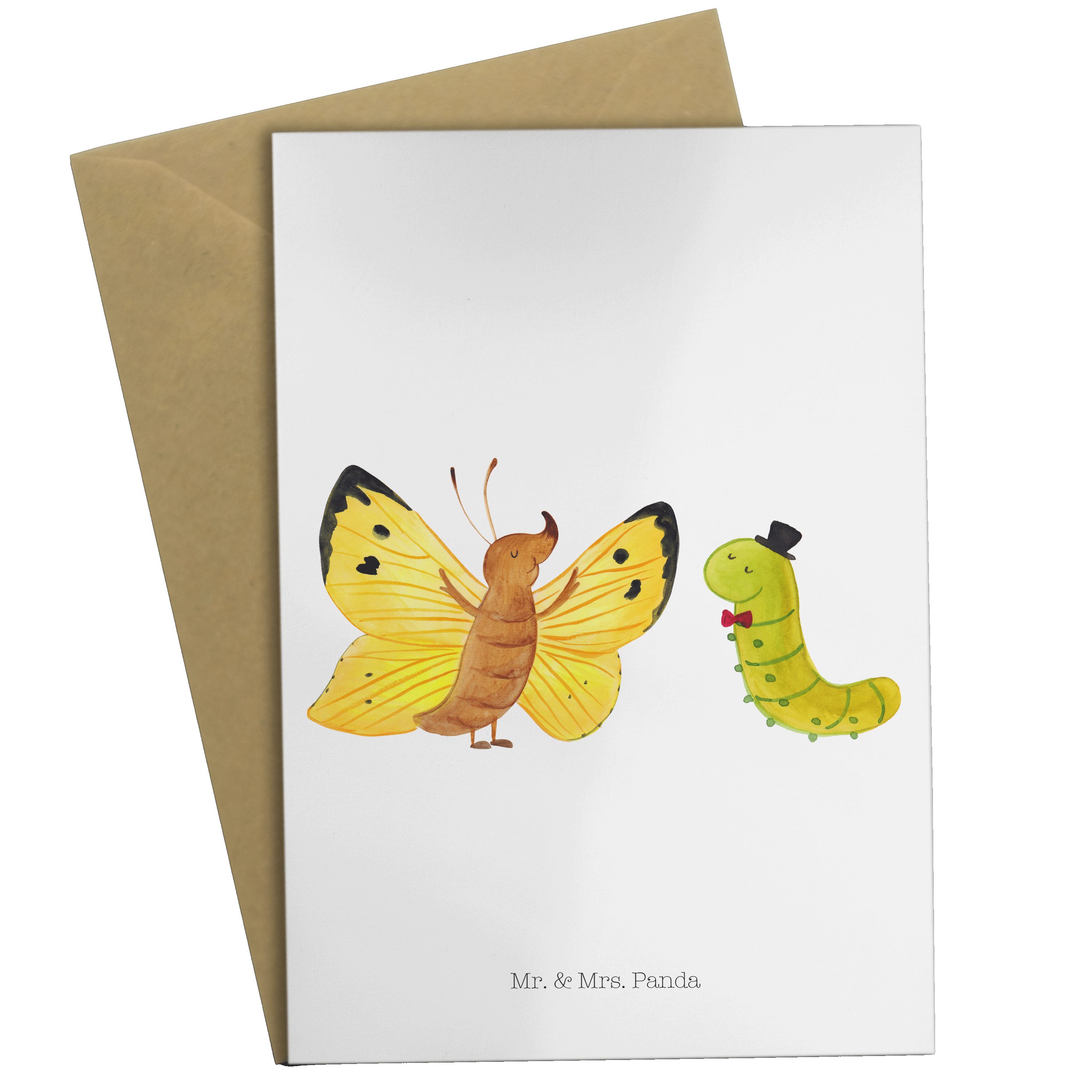 Mr. & Mrs. Panda Grußkarte Raupe & Schmetterling - Weiß - Geschenk, Hütchen, Tiermotive, Schönhe