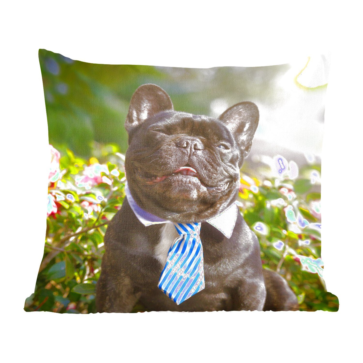 MuchoWow Dekokissen Französische Bulldogge - Krawatte - Blau, Zierkissen mit Füllung für Wohzimmer, Schlafzimmer, Deko, Sofakissen