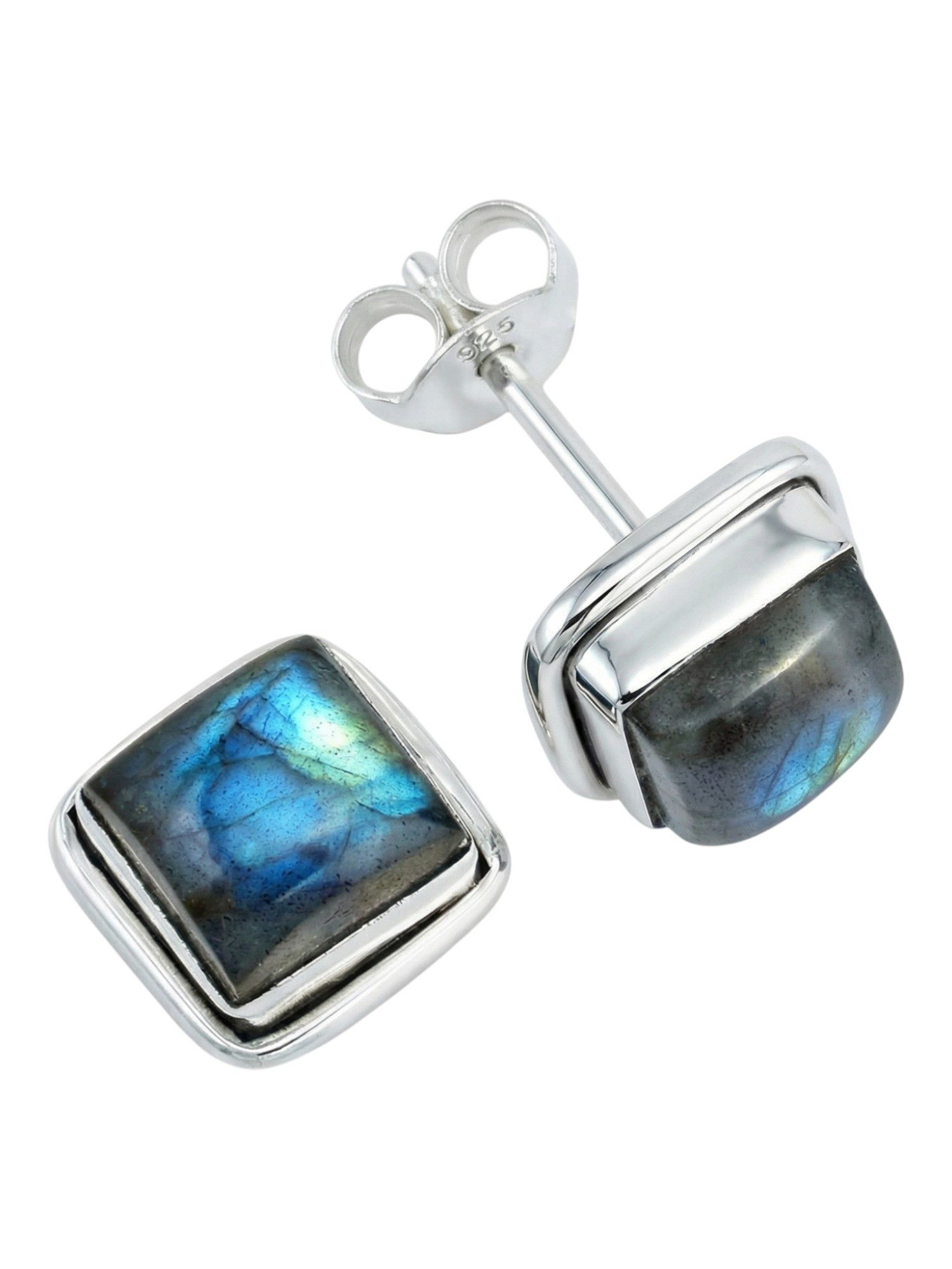 mantraroma Paar Ohrstecker SARALA eckig klein aus 925 Silber mit Labradorit (Paar, Paar Ohrringe mit Schmuckbeutel), 925 Sterling Silber Ohrringe für Damen