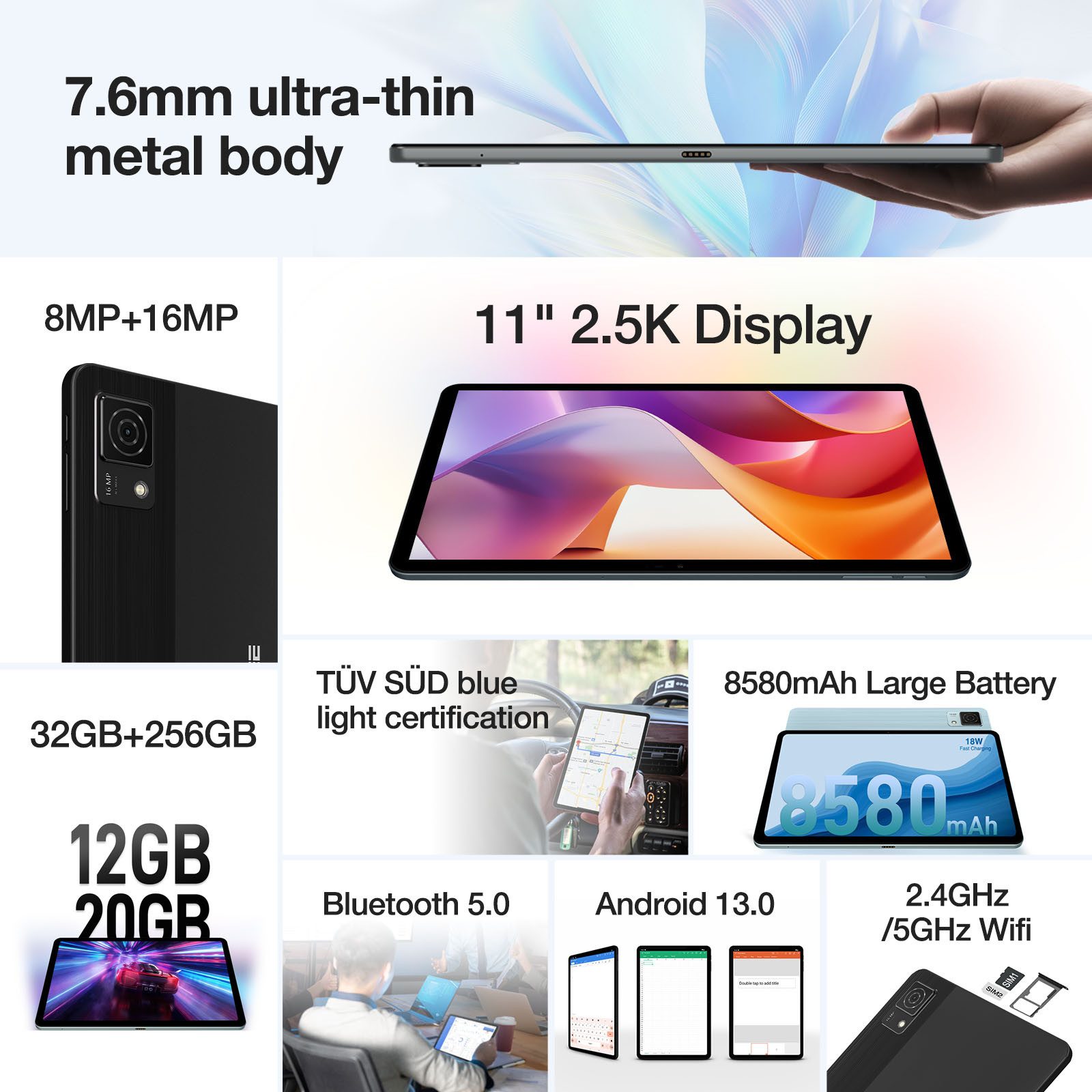 DOOGEE T30 ULTRA G99 Octa-Core 12GB RAM + 256GB ROM (TF 2TB), 8580mAh/ 18W Tablet (11", 256 GB, Android 13, 4G LTE, 2.5K 1600 * 2560, Dual 4G LTE/SIM, 16MP + 8MP, Android 13, Widevine L1)