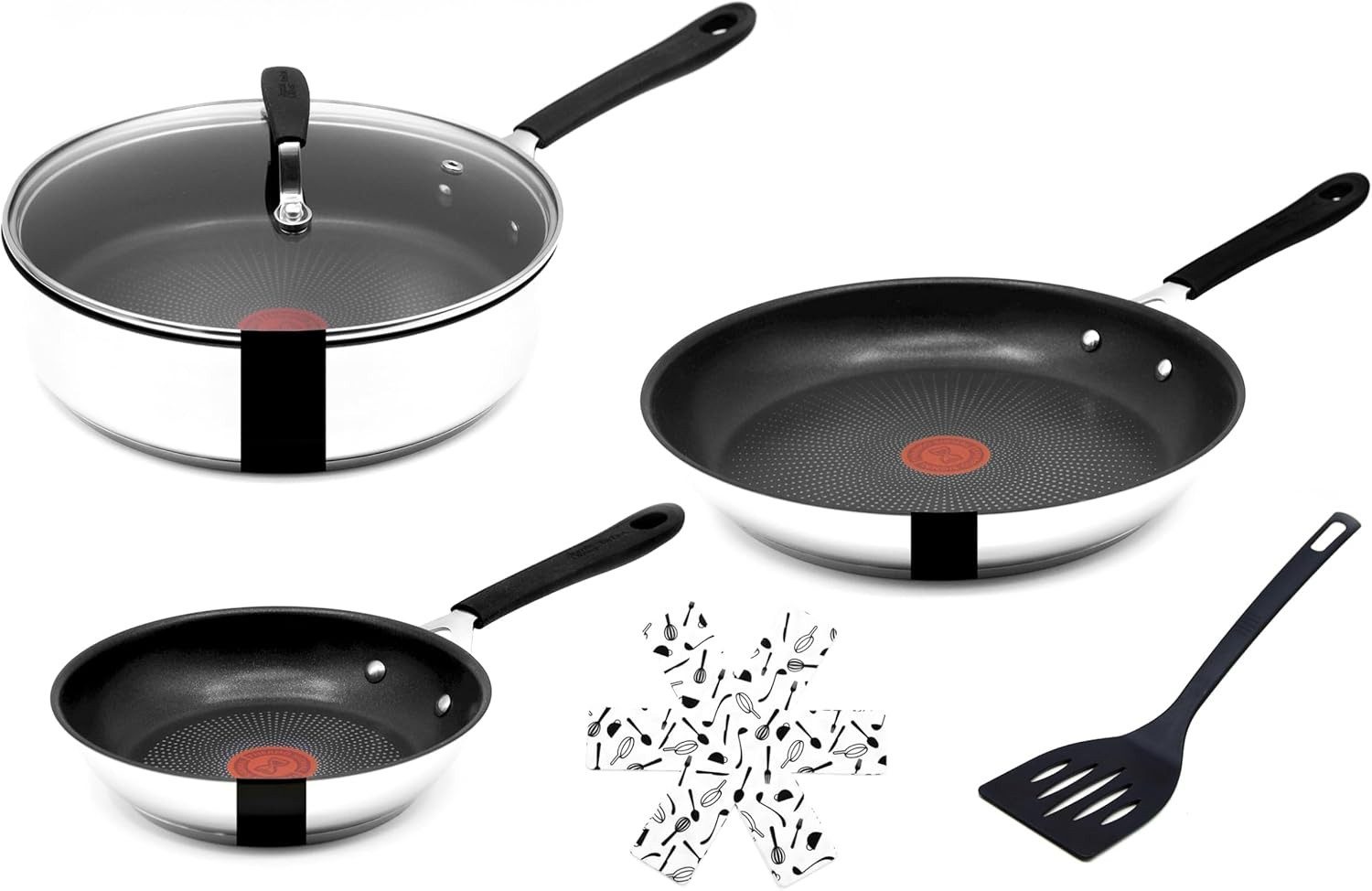 Tefal Pfannen-Set Jamie Oliver E76 Pfannenset 20,28cm + Schmorpfanne mit Deckel 25cm, Edelstahl 18/10 (Pfanne, Bratpfannen Set, Pfannenset, Schmorpfanne, Pfannen + 1 Wender & Schoner Antihaftbeschichtet Pfannenset mit Deckel), Antihaftbeschichtet