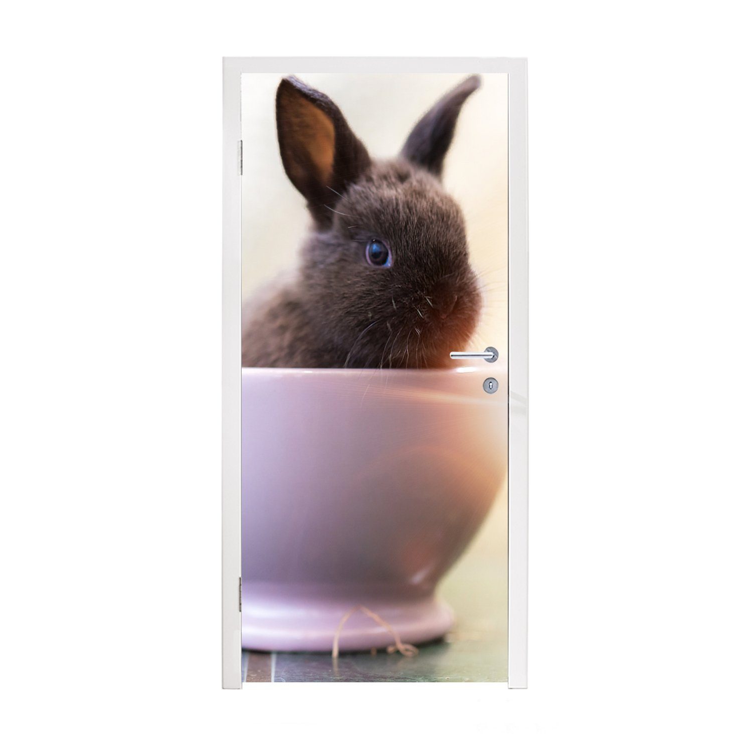 MuchoWow Türtapete Kaninchen - Baby - Teetasse, Matt, bedruckt, (1 St), Fototapete für Tür, Türaufkleber, 75x205 cm