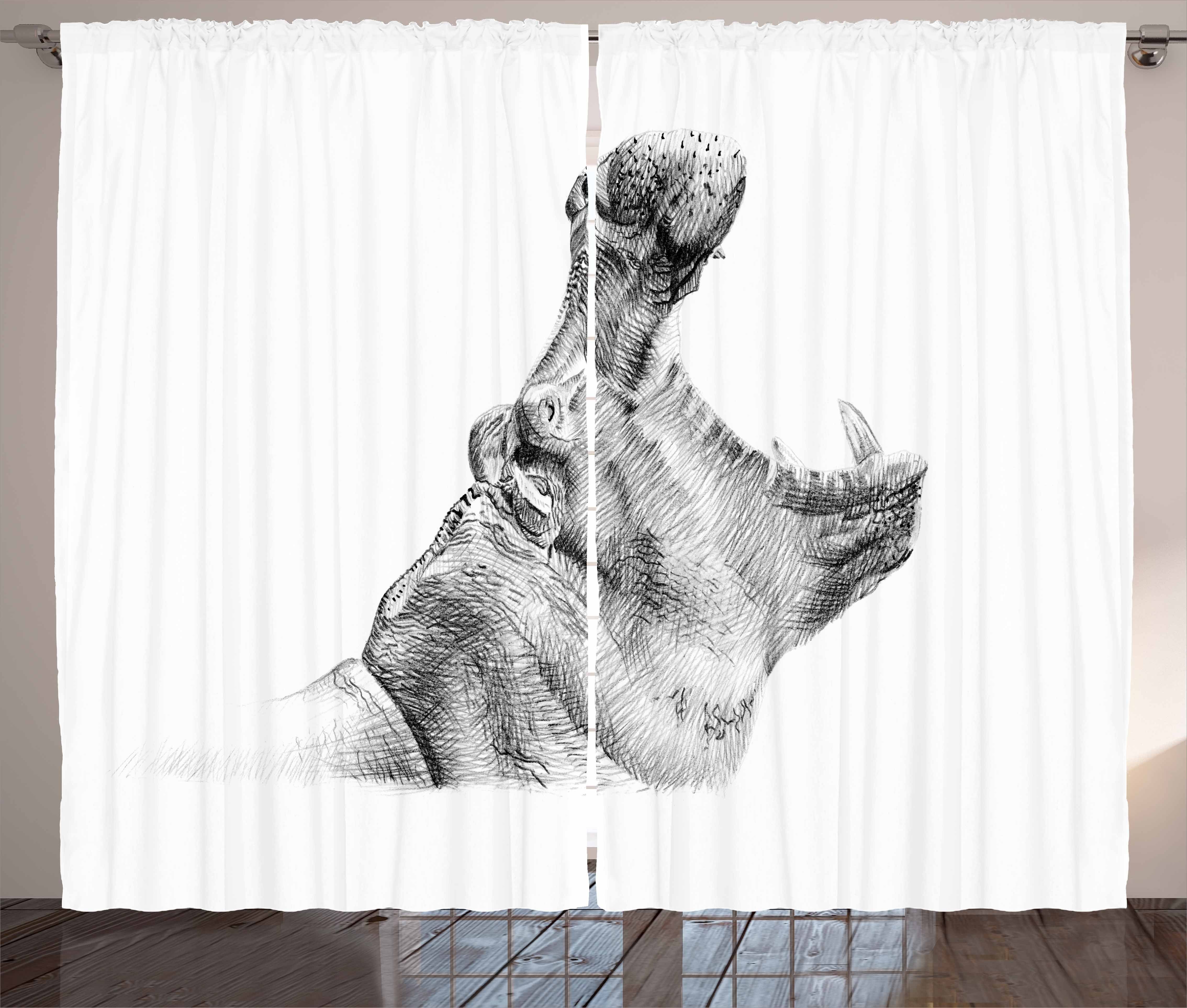 Gardine Schlafzimmer Kräuselband Hippo Vorhang Nilpferd mit Sketch Schlaufen und Haken, Gähnende Abakuhaus