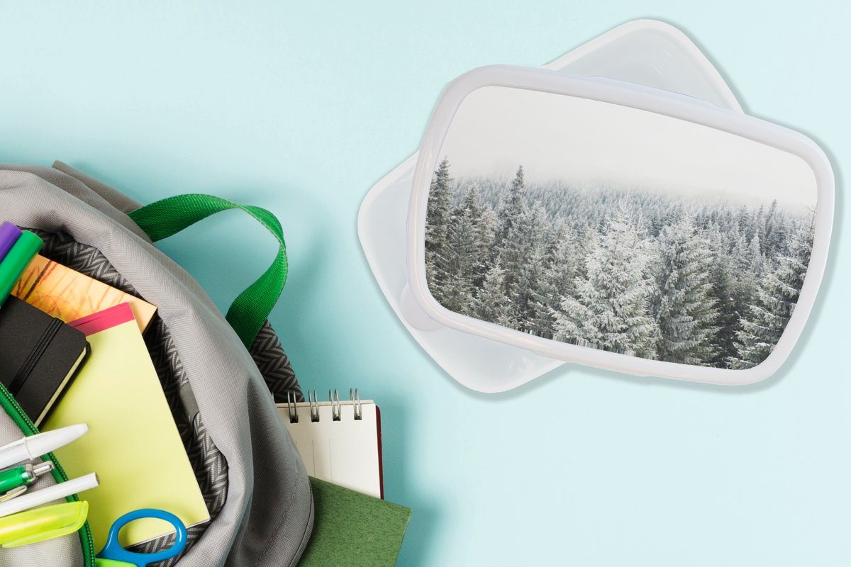 für - Winter - Brotbox Jungs Lunchbox Kunststoff, Brotdose, Wald weiß und Tannenbaum, - (2-tlg), für Kinder - MuchoWow Schnee Jahreszeiten Mädchen Erwachsene, und