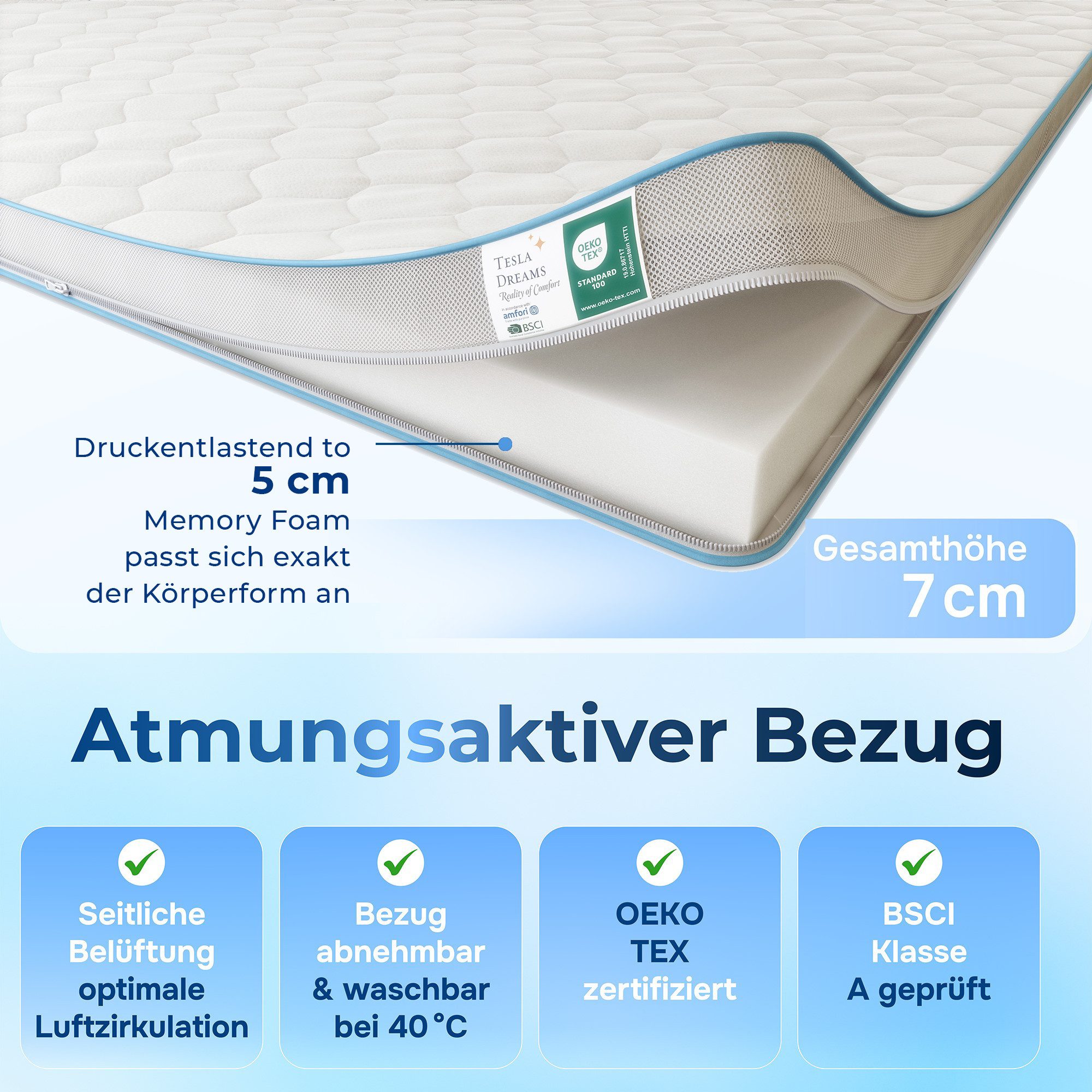 Tesla Dreams Reality of Comfort, Topper Matratzentopper Gel-Memory-Schaum, 7 cm, ergonomisch & atmungsaktiv, Körperanpassend & druckentlastend, waschbarer Premium-Bezug