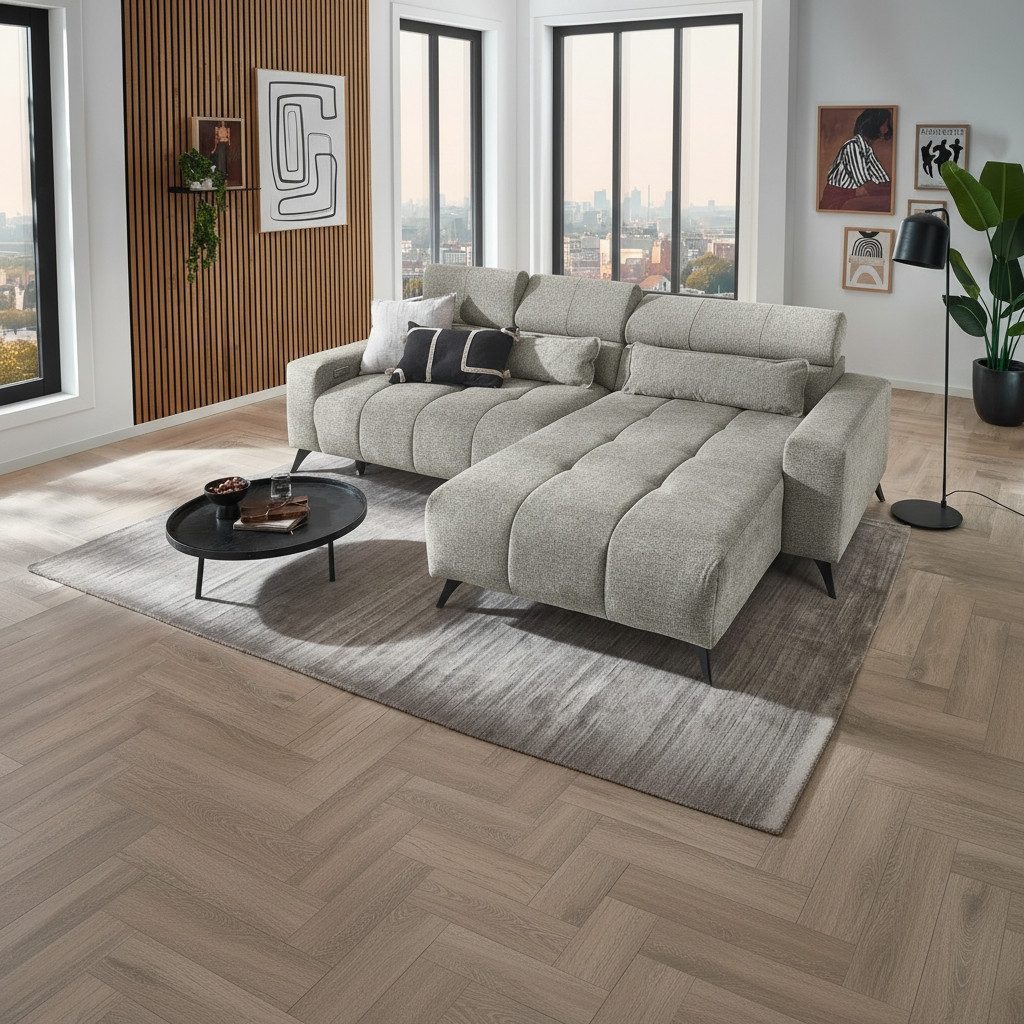 freiraum Polstergarnitur Bali, elektr. Sitztiefenverstellung, Bezug silbergrau - 267x95x185 (BxHxT)