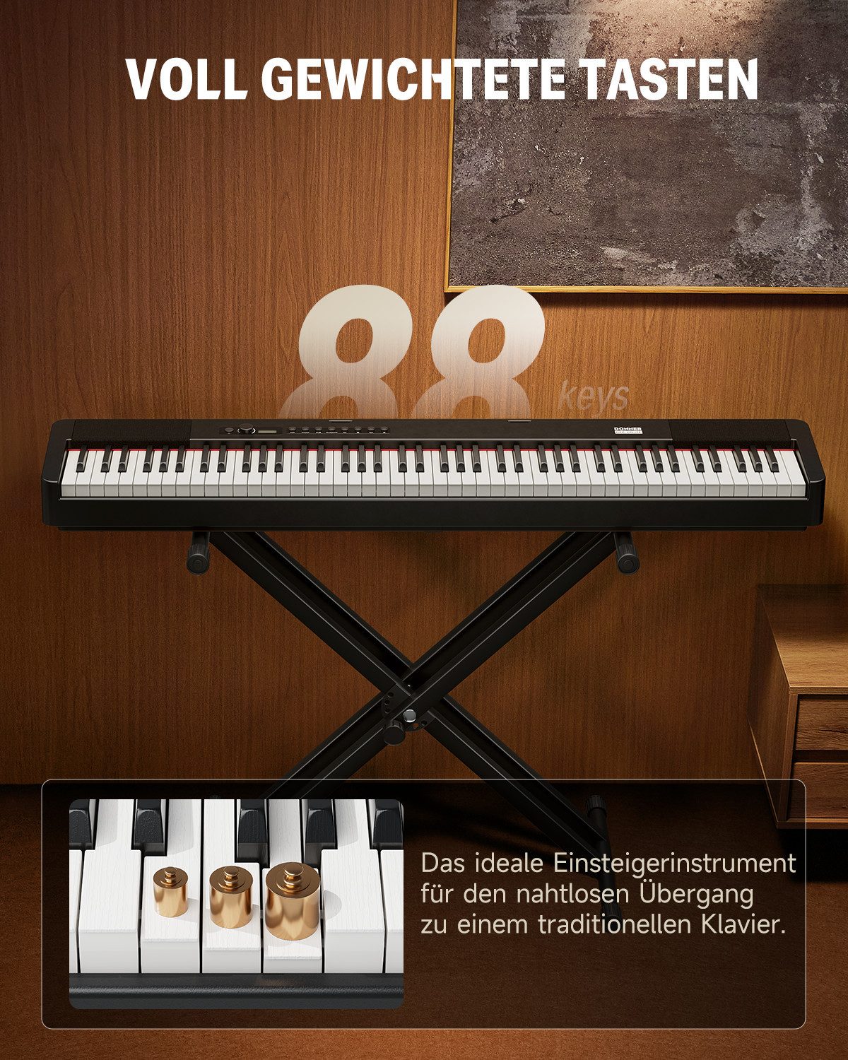 Donner Digitalpiano E-Piano 88 Tasten gewichtete Dual-Tastaturmodus Mit Ständer DEP-20Lite (set, mit Ständer, Haltepedal, und Tastaturaufklebern), für Anfänger Tragbares E-Piano