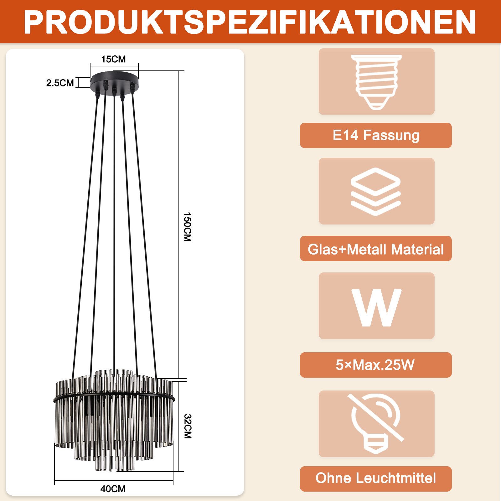 Nettlife Pendelleuchte Retro Gold/Schwarz 5-flammiger Kronleuchter Hängeleuchte E14 Fassungen, ohne Leuchtmittel, Esstischlampe für Wohnzimmer Küche