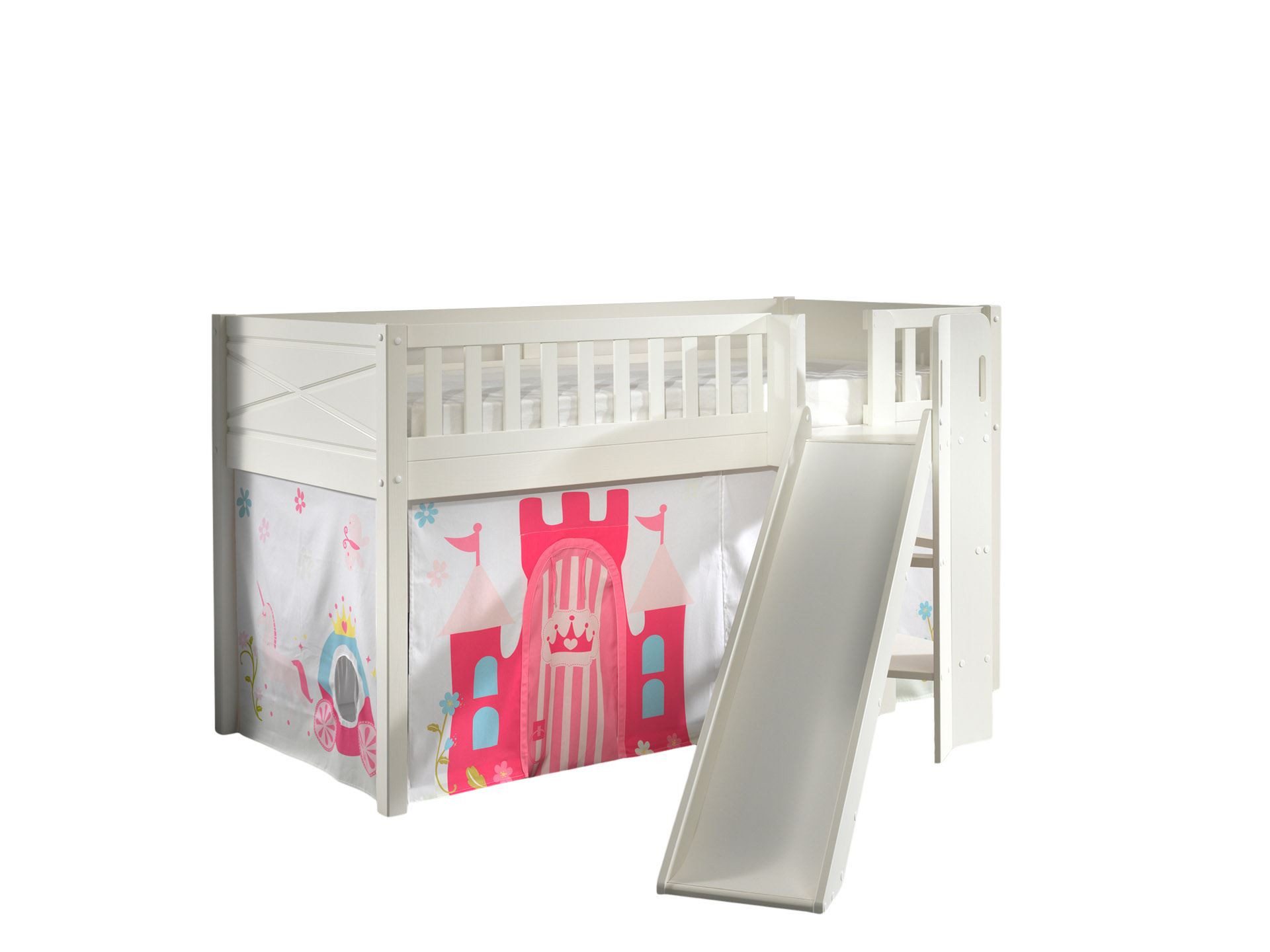 58 aufm Kessel Bettgestell Spielbett mit Rutsche Karyl 208x204x114 Kinderbett Massivholz Princess (inkl. Versand, Lieferung bis Verwendungsstelle), Liegefläche 90 x 200, Rutsche im 33° Winkel, Rolllattenrost, Textilset