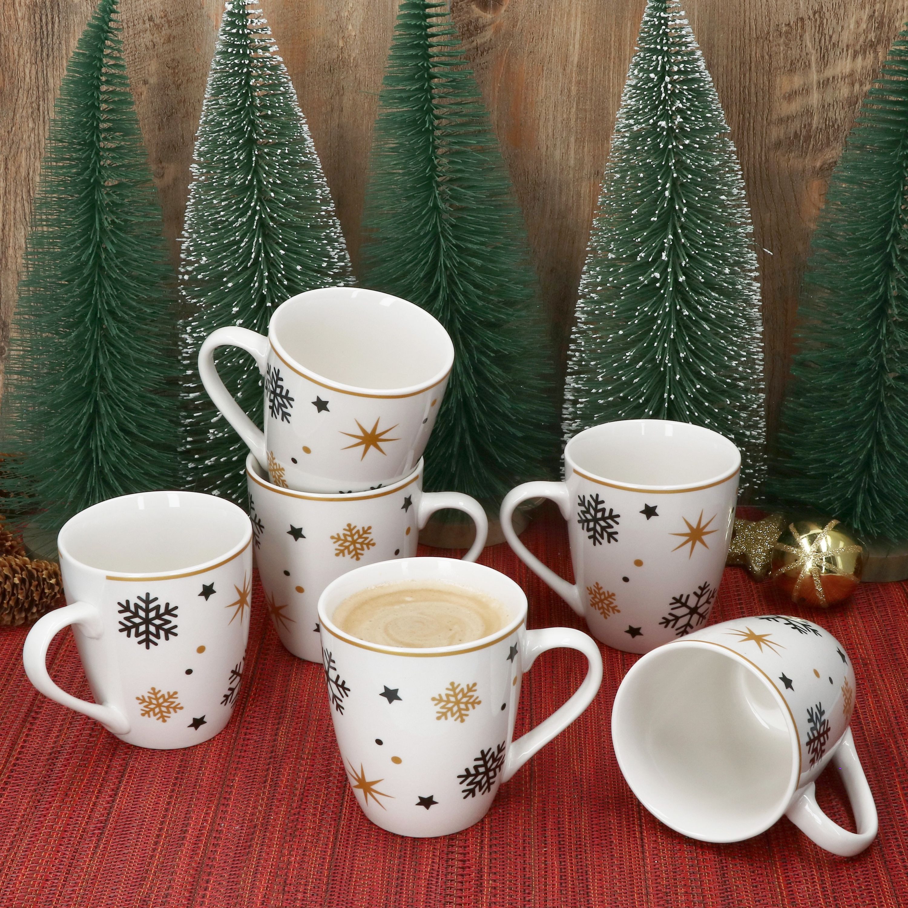 MamboCat Becher 6x Stars schwarz gold Kaffeebecher 300ml Steingut-Tassen 6 Personen, Steingut, Weihnachtsgeschirr, Weihnachten, Weihnachtsset, Geschirr