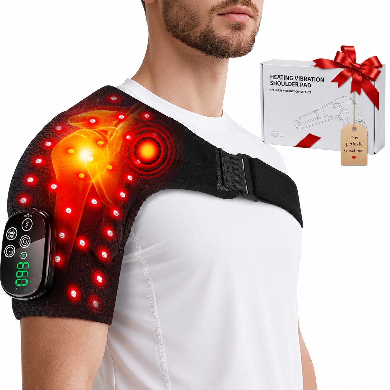 Toomoke Massagegerät Kabelloses Schulter-Massagegerät mit Rotlicht 660nm & 850nm, 5000mAh, Rotlicht Massagegerät,für Zuhause und Büro, Vibrationsmassage Schulterbandage für Nacken und Schultern