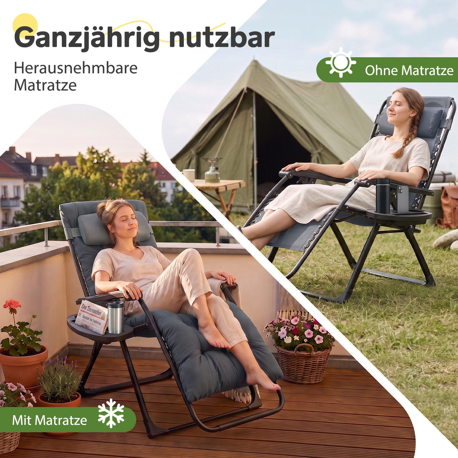 Sekey Gartenliege Sonnenliege Klappbar Gepolstert Liegestuhl mit Auflage Getränkehalter, 3-stufig verstellbar, XXL Campingstuhl, 74 cm breite Liegefläche – Bild 2 von 5
