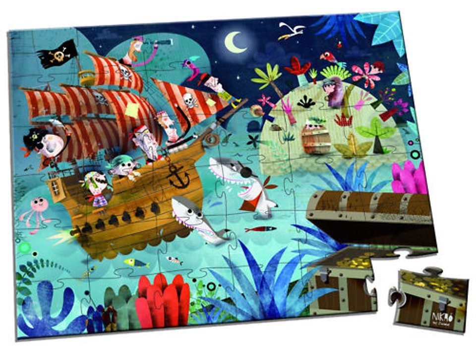Janod Puzzle JANOD Puzzle im Koffer "Prinzessin" 100 Teile / "Pirat" 36 Teile, 36 Puzzleteile