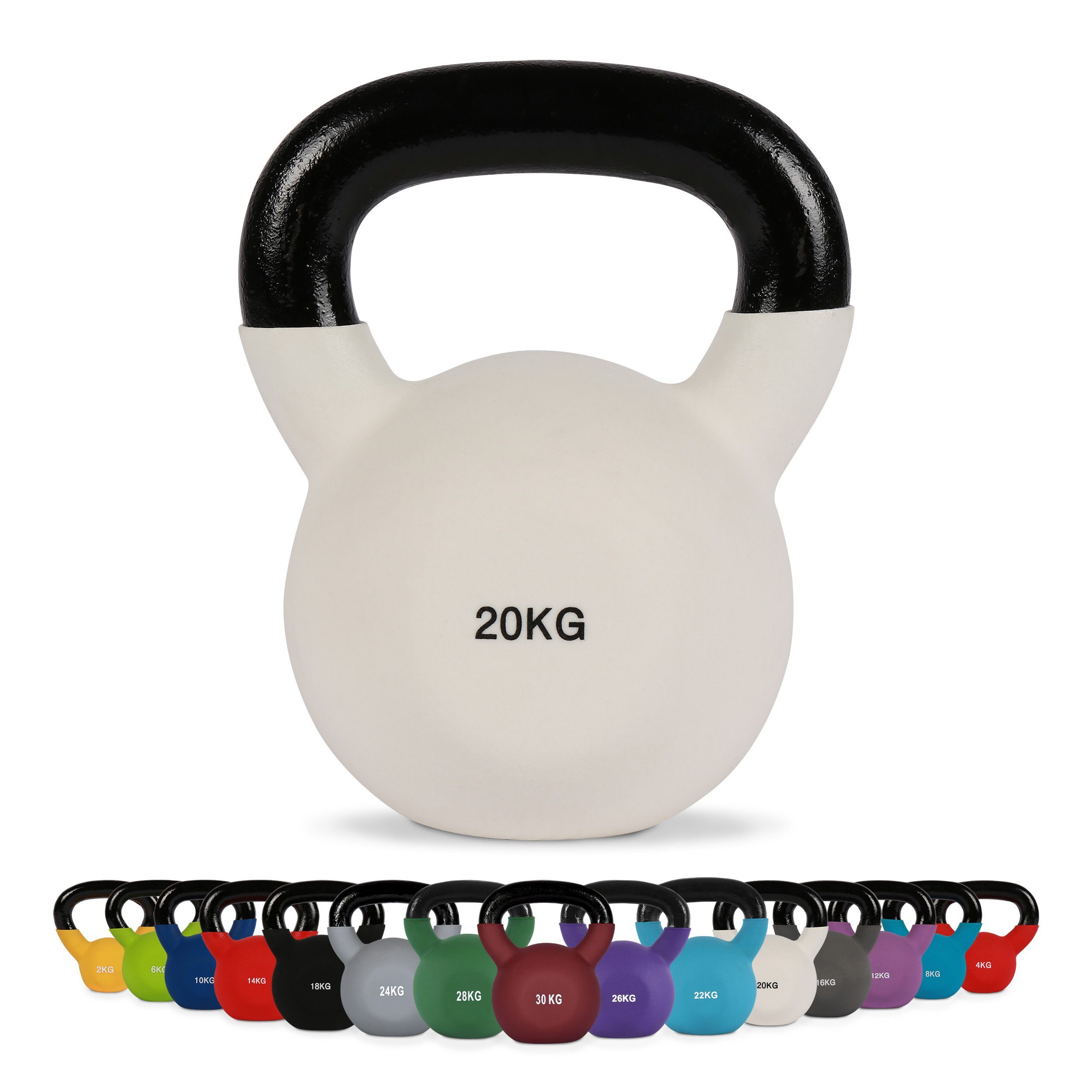 MSports® Kettlebell Kettlebell Professional Neopren 2 – 30 kg inkl. Übungsposter 20 Kg - Weiß