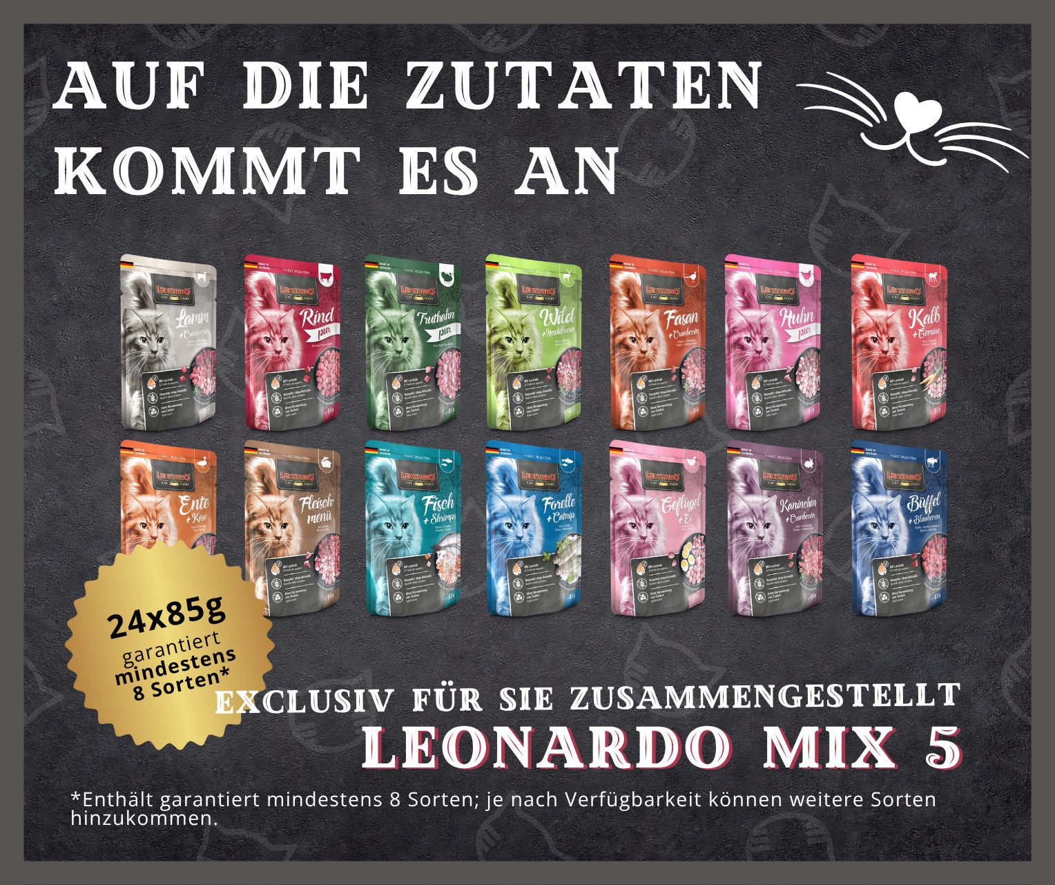 Leonardo Catfood Frischebeutel Bundle - verschiedene Sorten im parktischen Mixpaket Mix 5 (24x85g), Nassfutter für: Katzen