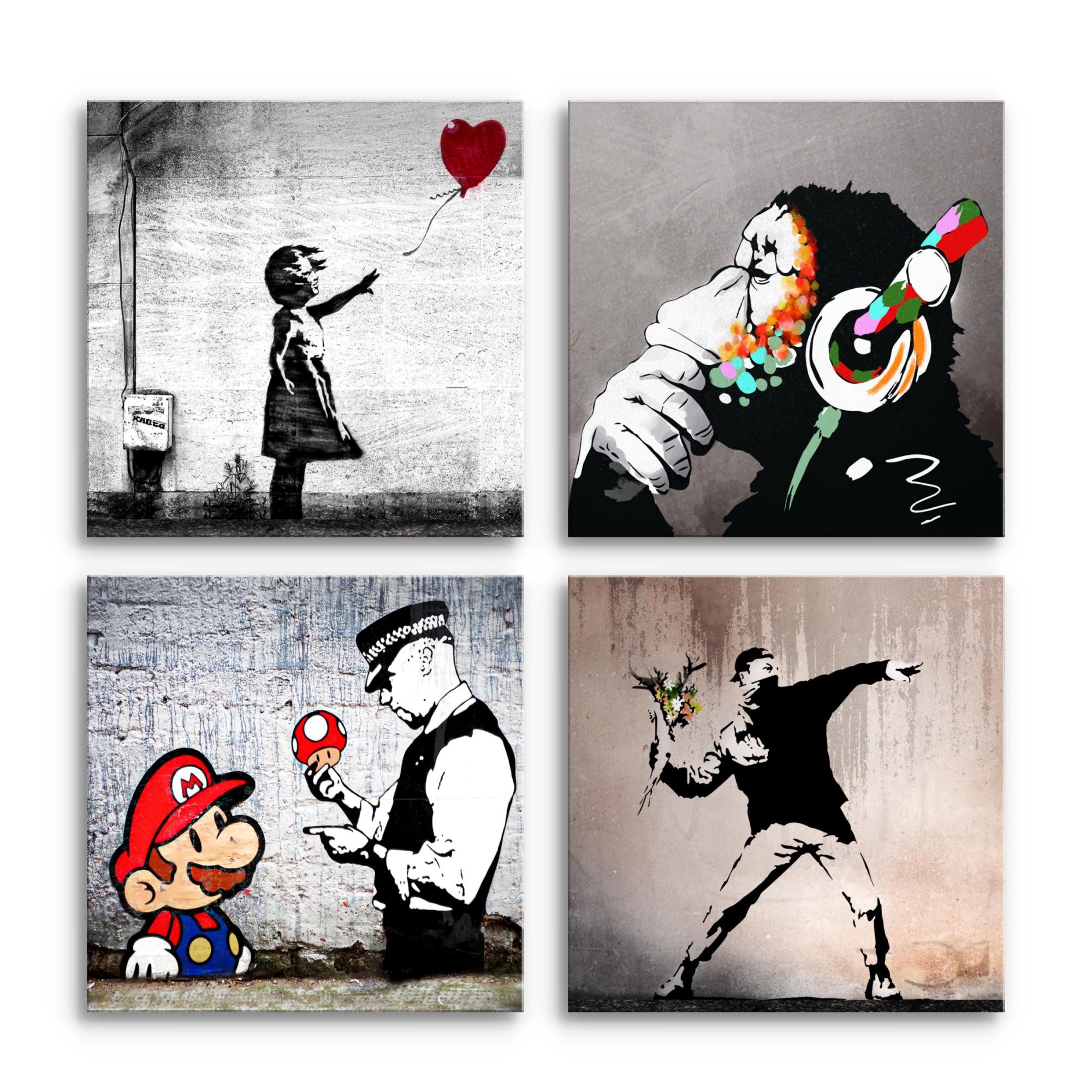 Novart Wandbild Set Banksy Style Collage Loft Grau Bilder Modern Streetart Graffiti