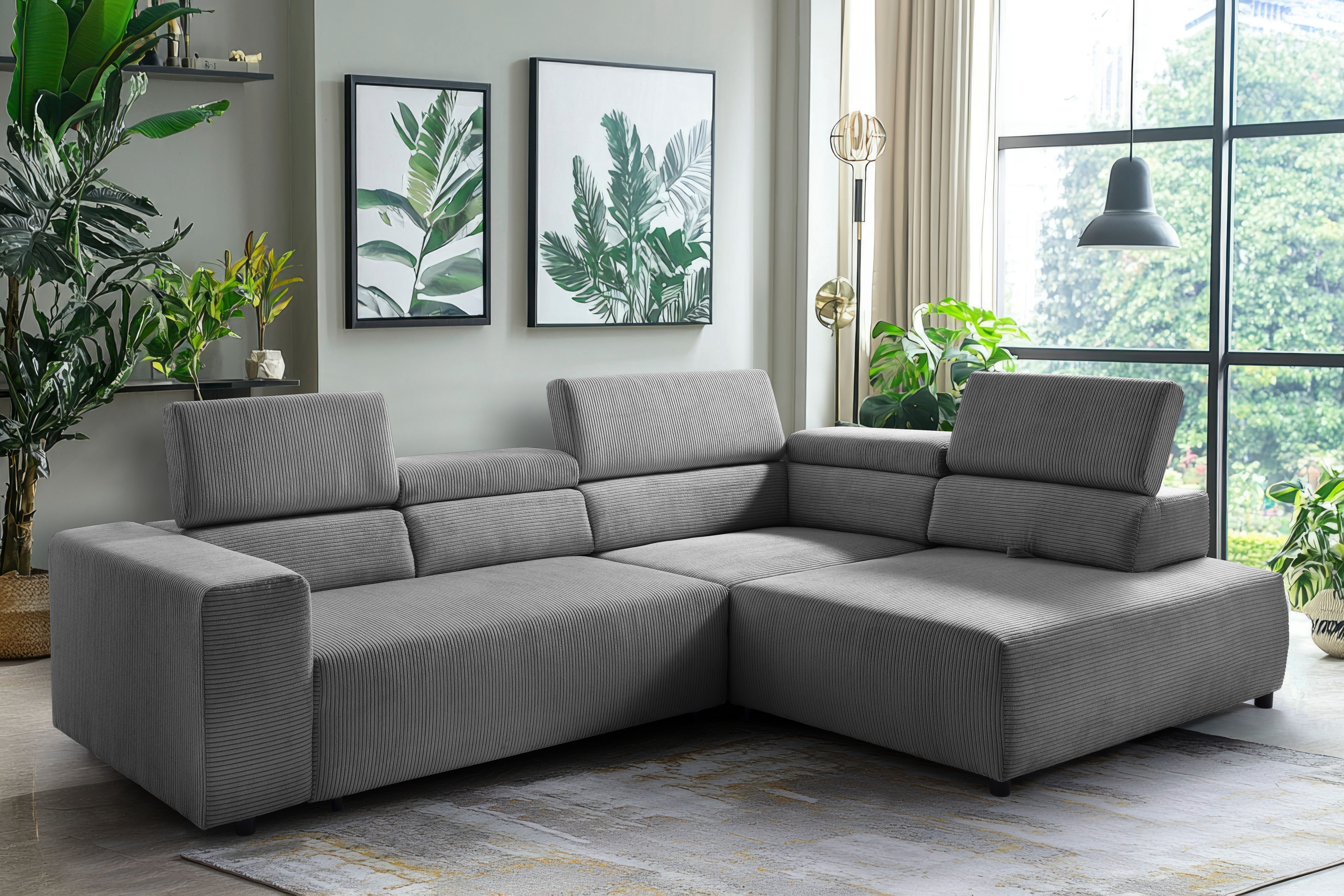 exxpo - sofa fashion Ecksofa VITTORIO mit Komfortfunktionen, bequem und modern, Cord, L-Form, inkl. Kopfteil- und Sitztiefenverstellung, wahlweise mit Bettfunktion