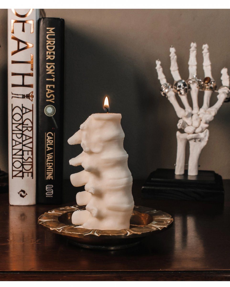 Horror-Shop Elfenbeinfarbige Tischdeko Kerzenständer Wirbelsäulenkerze als