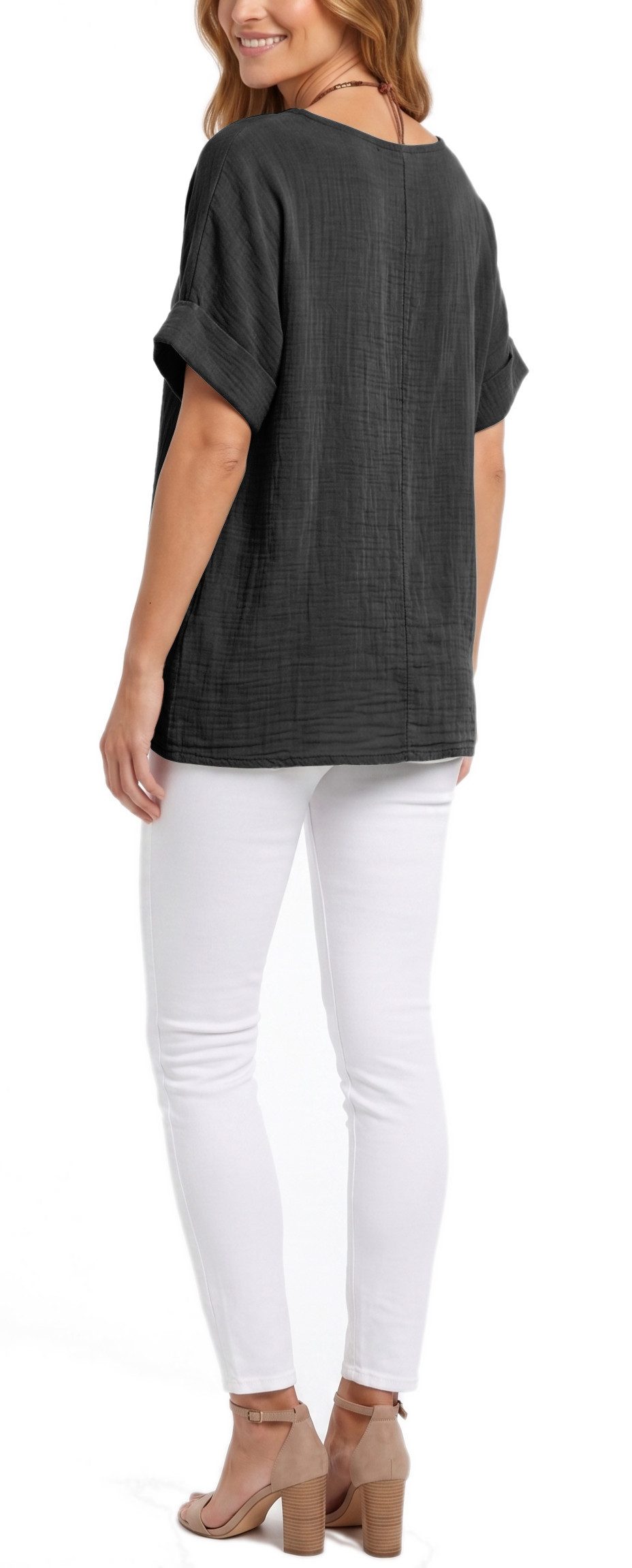 dy_mode Kurzarmbluse Damen Kurzarm Bluse Leichte Sommer Tunika Baumwollbluse Oberteil in Unifarbe, mit passende Kette