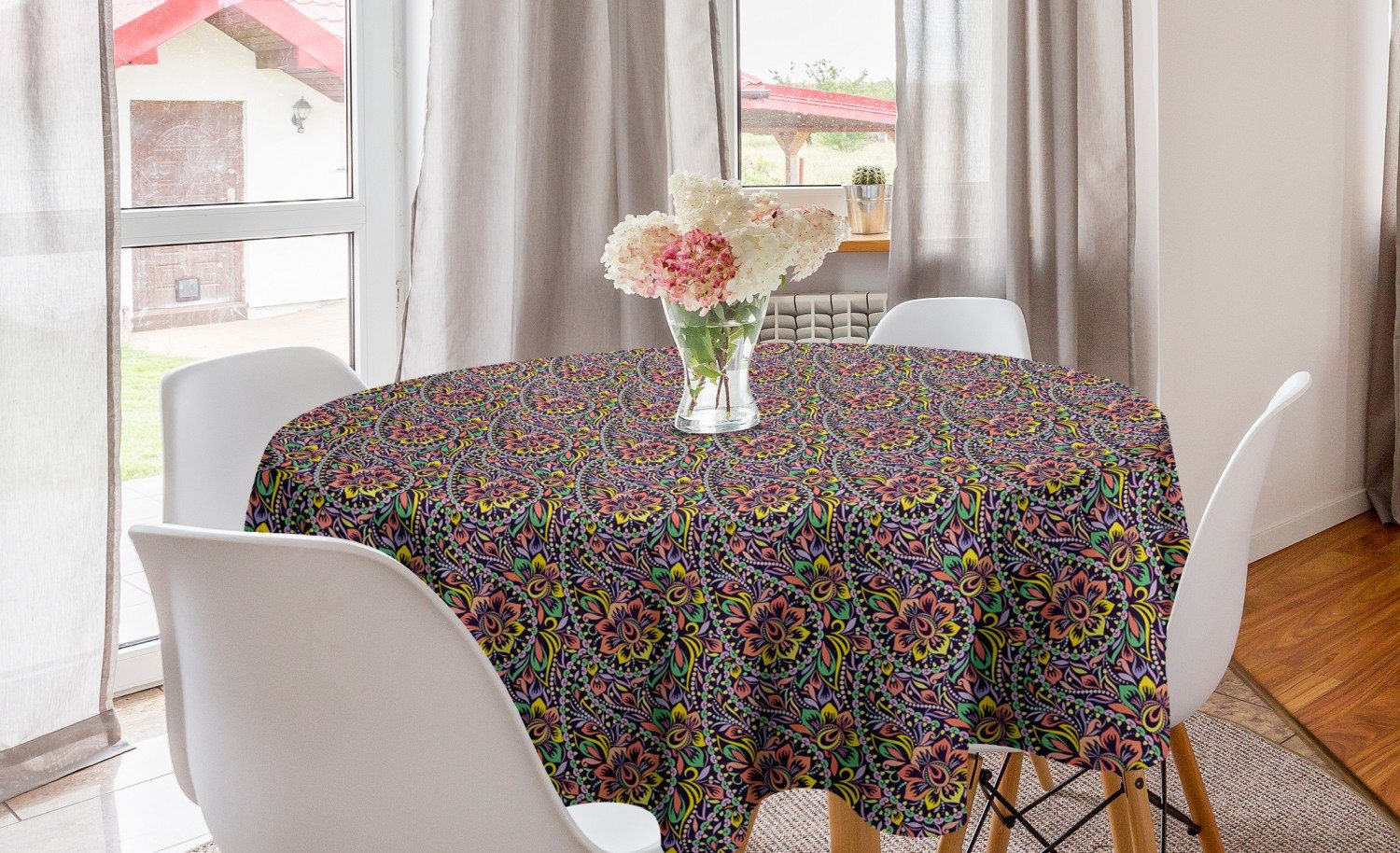 Abakuhaus Tischdecke Kreis Tischdecke Abdeckung für Esszimmer Küche Dekoration, Blumen Bunte Paisley-Verzierungen