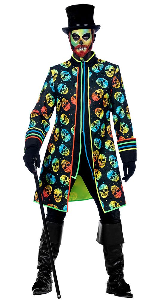Karneval-Klamotten Kostüm La Catrina Tag der Toten Herrenkostüm Jacke Neon, Dia de los Muertos Männer Halloweenkostüm Totenkopf Jacke Karneval