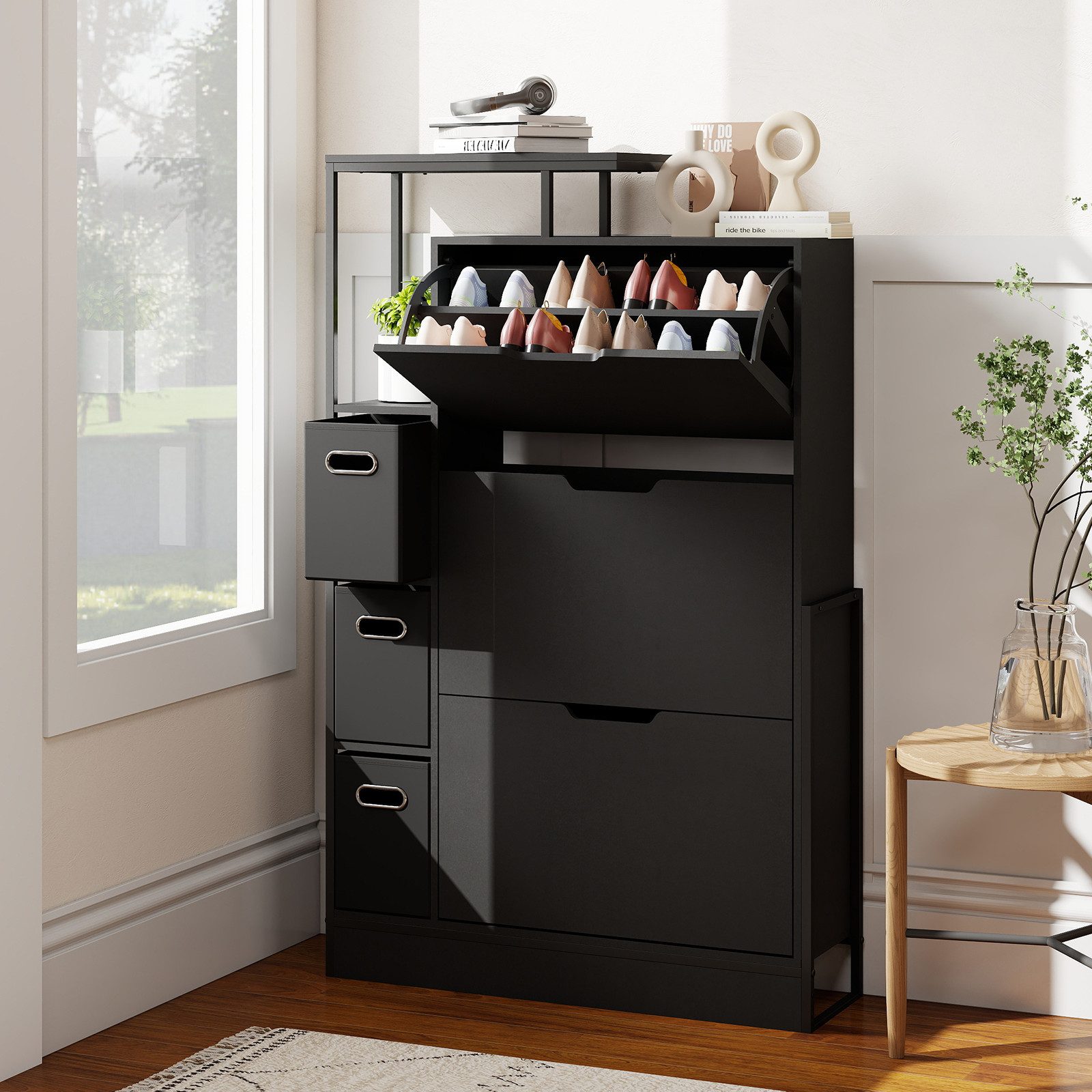 Puluomis Schuhschrank mit 3 Stoffschubladen, Aufbewahrungsschrank für Schuhe, 81x24x132cm Kippsicherer Flurschrank mit Höhenverstellbaren Böden & Füßen