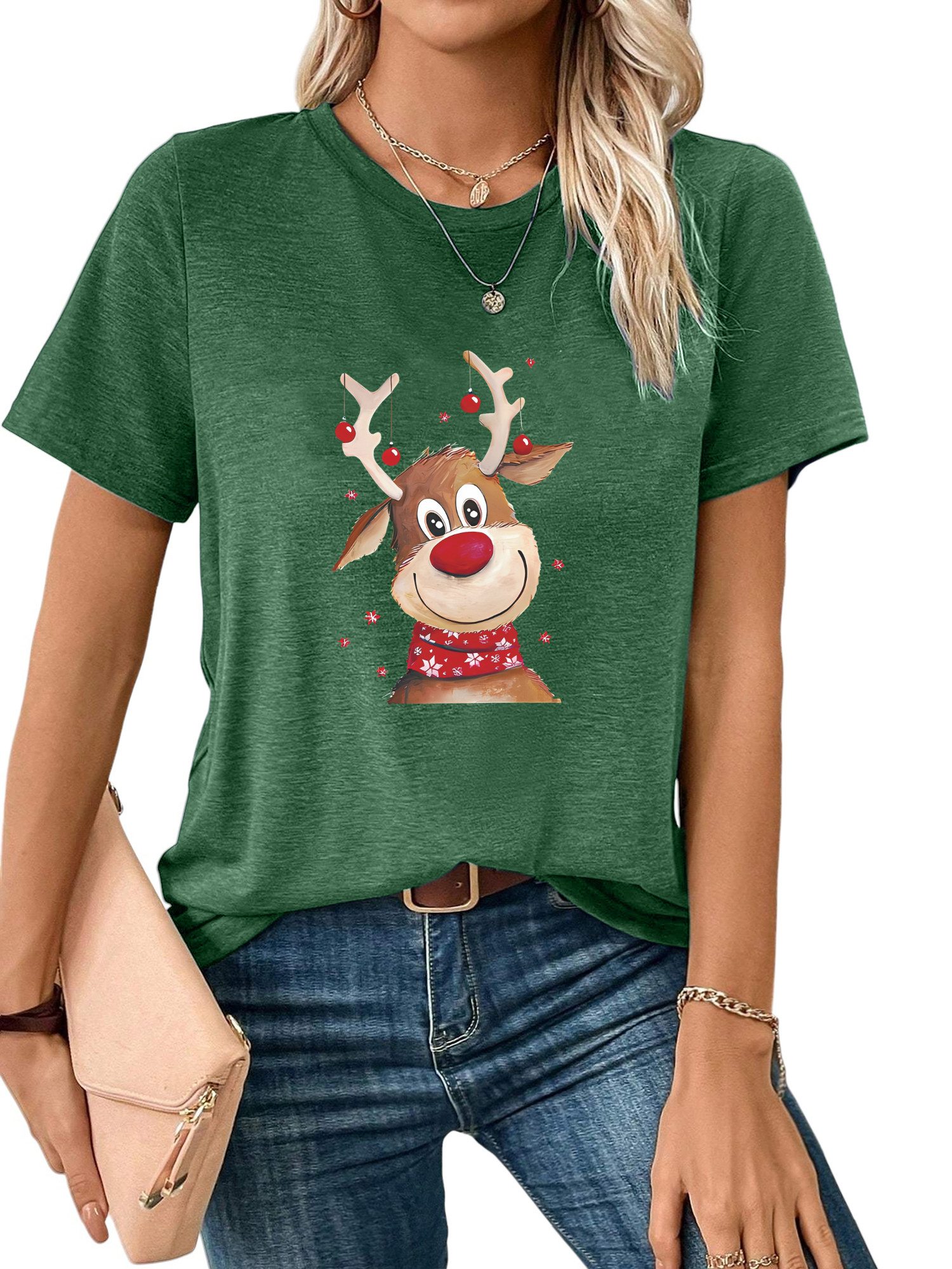 PYLIKE Kurzarmshirt Футболки Damen Festlich Elch Weihnachten bequemes t shirt Weihnachten Special Feiertag tragen