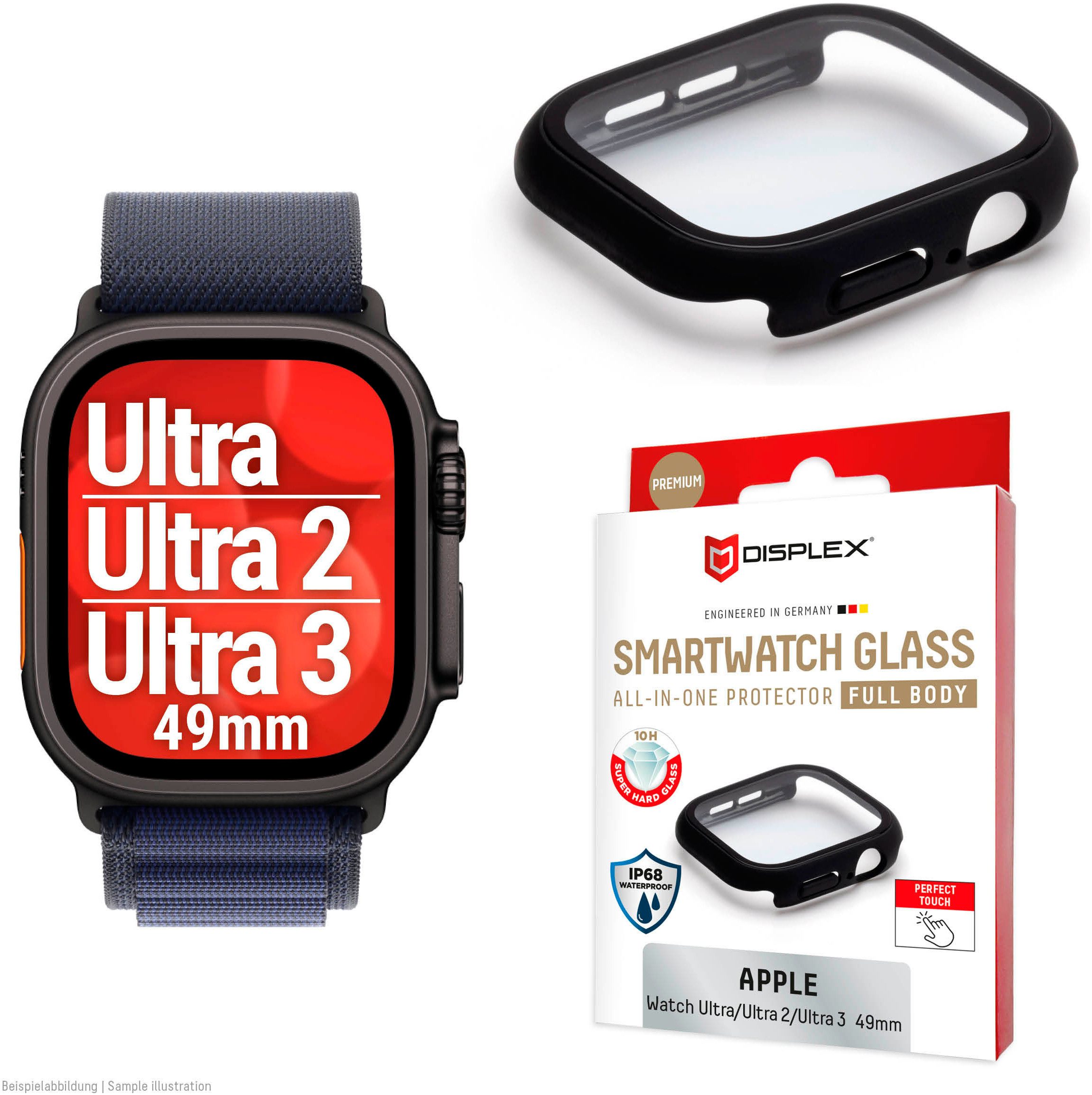 Displex Displayschutzglas Smartwatch Glass All-In-One Protector Full Body für Apple Watch Ultra 2 49 mm, Apple Watch Ultra 3 49 mm, Apple Watch Ultra 49 mm, Displayschutzfolie, Schutzfolie, Bildschirmschutz, kratz- & stoßfest