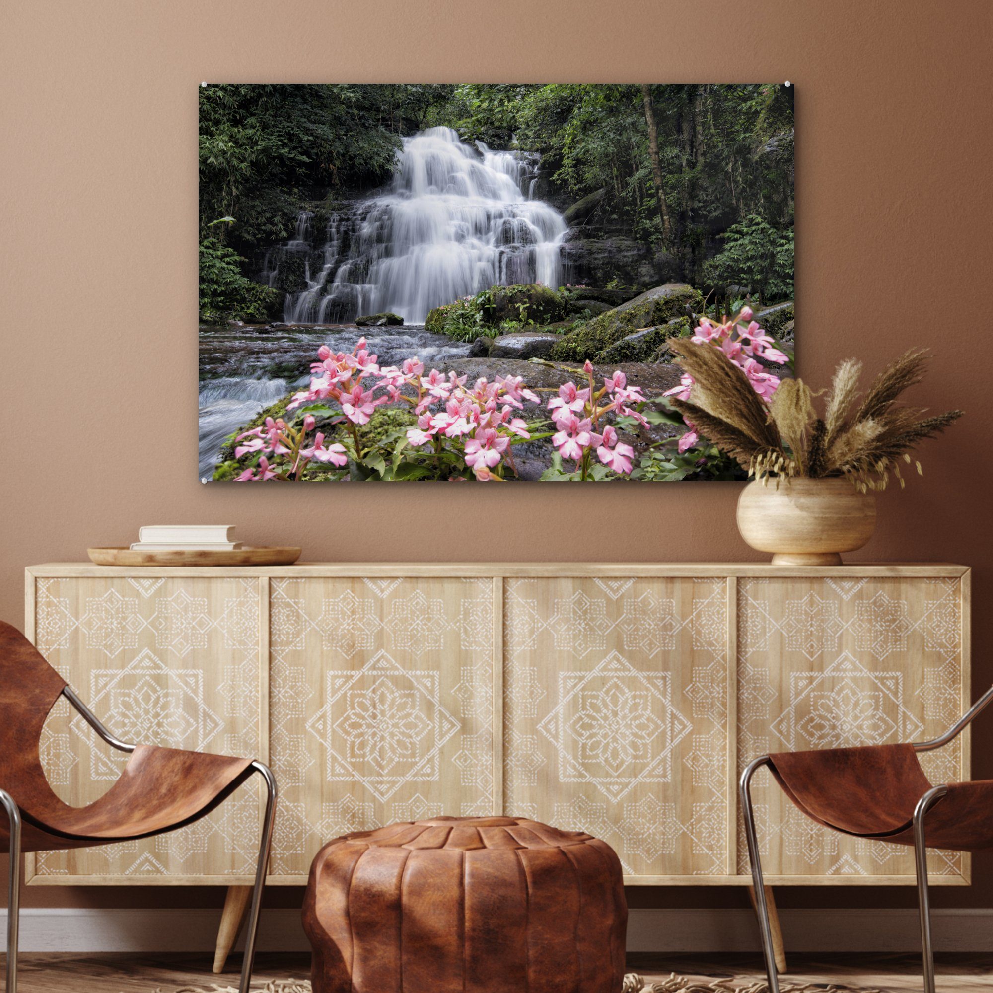 MuchoWow Acrylglasbild Rosa wachsen im Wasserfall (1 Löwenmäulchenblüten Acrylglasbilder St), & einem Phu Rong, Wohnzimmer vor Schlafzimmer Hin