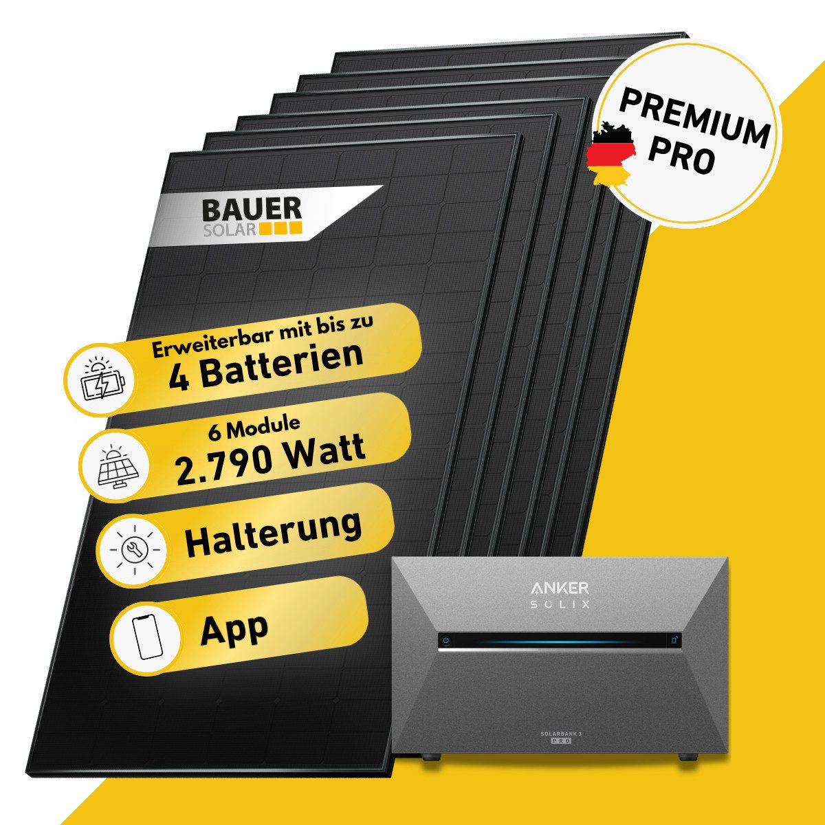 Balkonstrom Balkonkraftwerk PREMIUM Pro 2790 Watt Solaranlage mit Speicher Komplettset Bifazial, 2790 W, Monokristallin, (6x BAUER Solarmodul á 465 Watt, 1x Anker Solix 3 Pro Solarspeicher E2700, 1-4 Zusatzspeicher BP2700), Halterung für Dach, Fassade, Balkon & Garten, App & Plug&Play DE