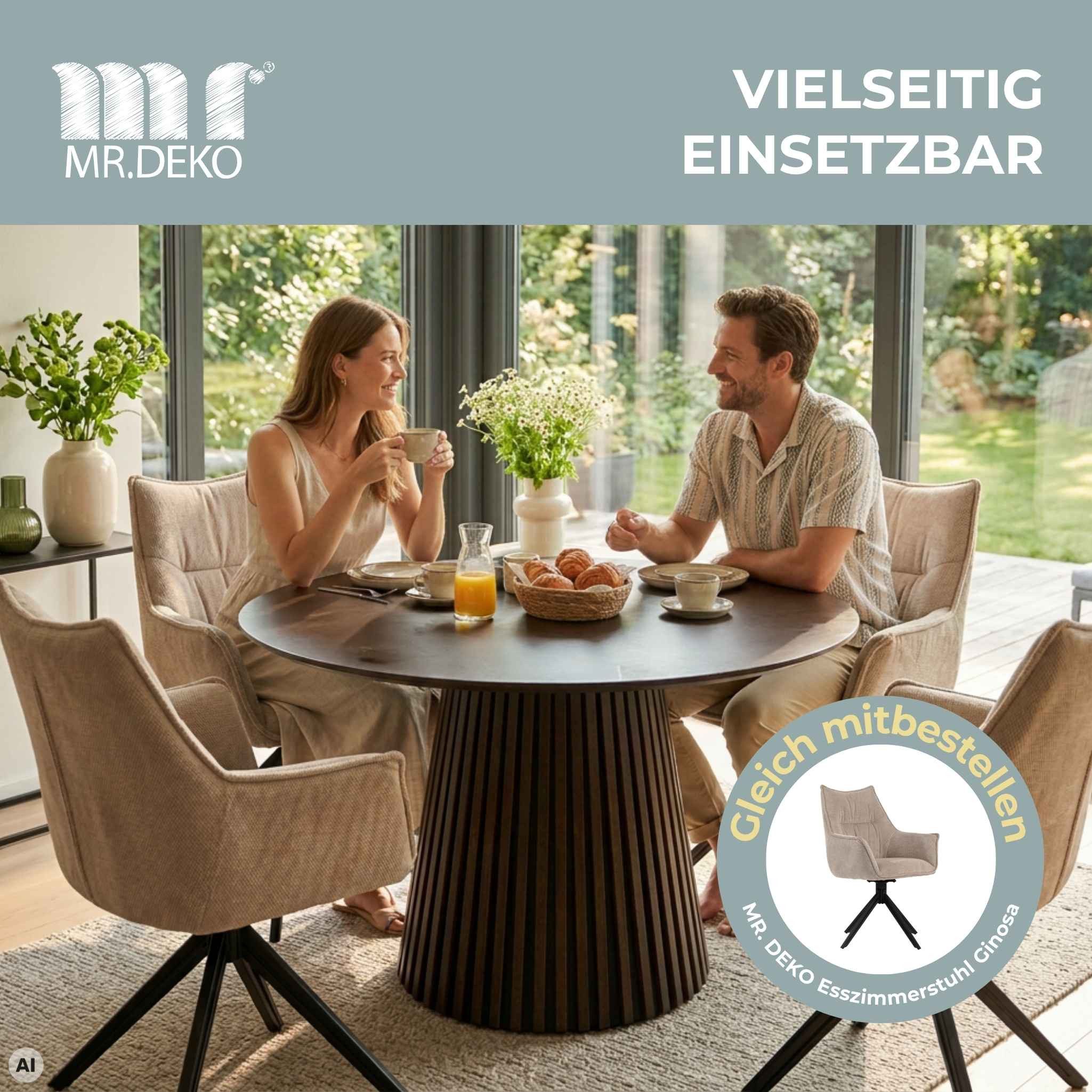 MR.DEKO Esstisch Diningtisch Esszimmertisch Barletta Smoked Oak rund 120 cm FSC®100%, Runde Tischplatte aus Eiche, Gestell Lamellenoptik, Esszimmer – Bild 5 von 5