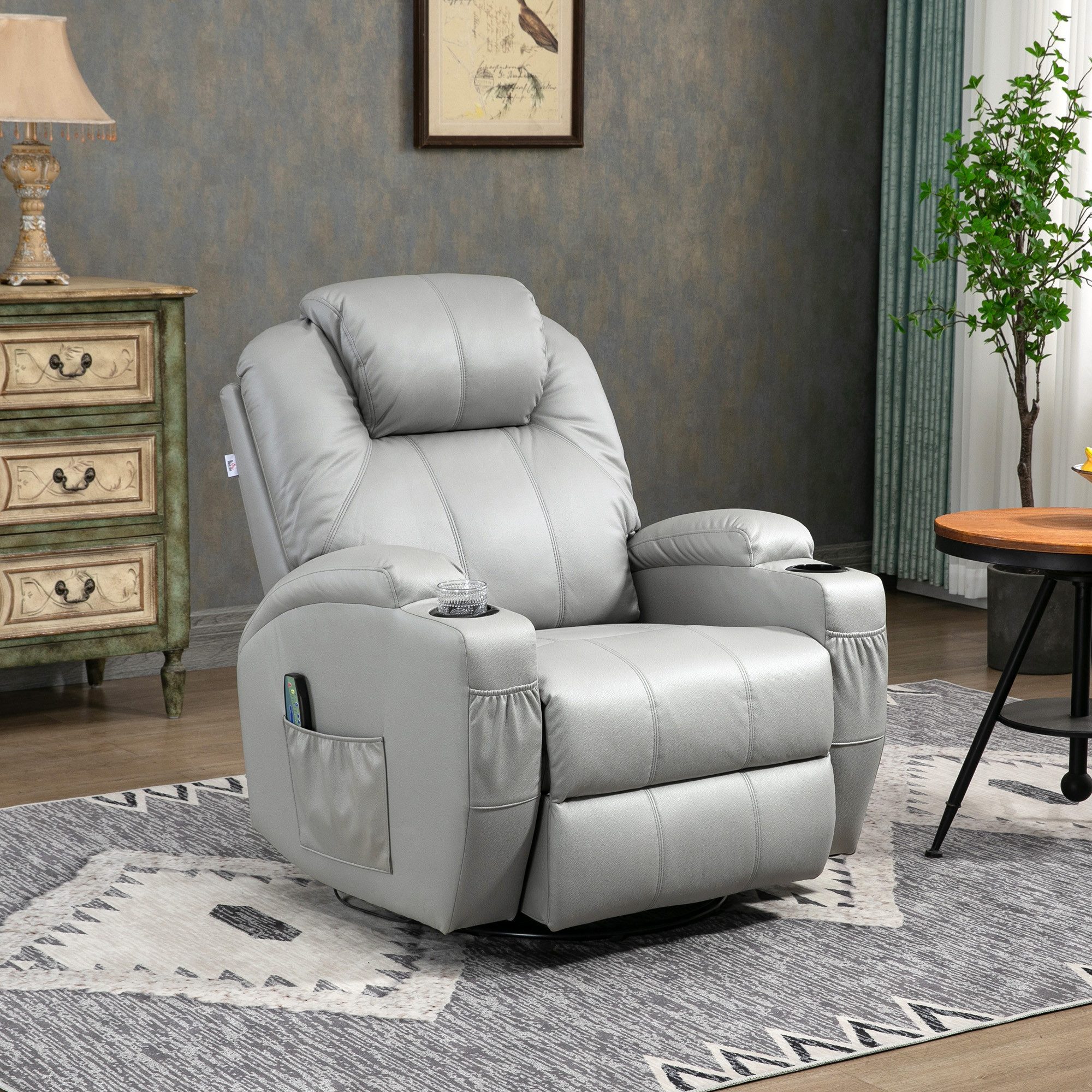 HOMCOM Massagesessel Fernsehsessel mit Liegefunktion, Wippfunktion, Drehbar (Ruhesessel, 1-St., Relaxsessel), für Wohnzimmer, Grau