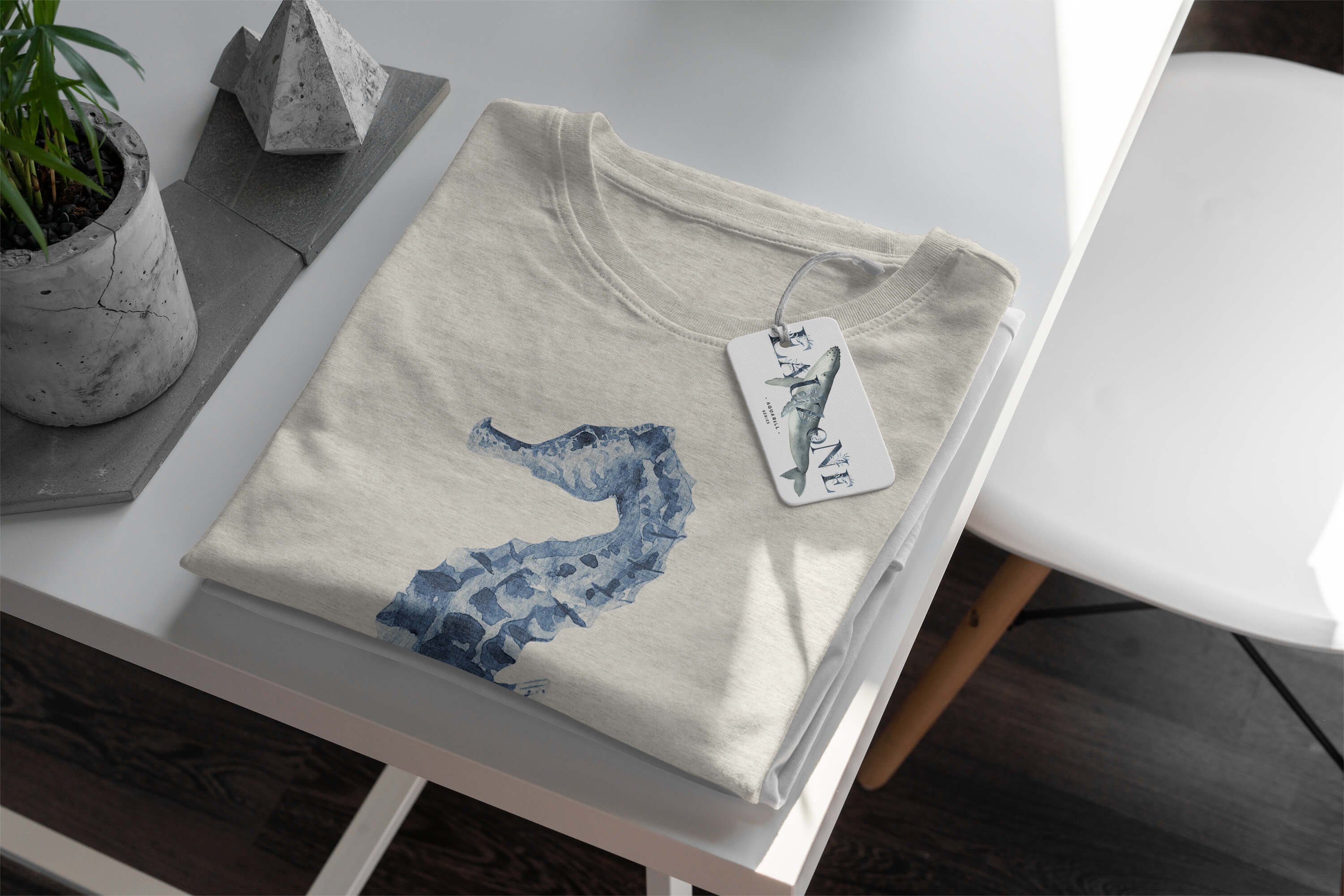 Sinus Herren Motiv (1-tlg) T-Shirt 100% T-Shirt Nachhaltig gekämmte Shirt Ökomode Seepferdchen Bio-Baumwolle Wasserfarben Art