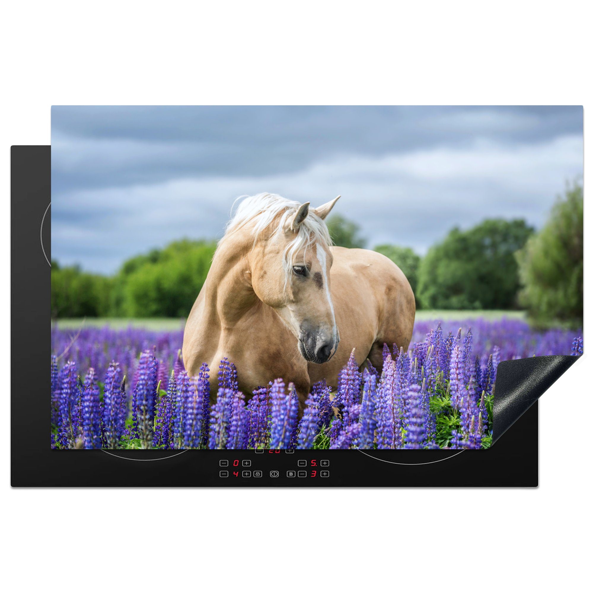 MuchoWow Herdblende-/Abdeckplatte Pferd - Blumen - Lila, Vinyl, (1 tlg), 81x52 cm, Induktionskochfeld Schutz für die küche, Ceranfeldabdeckung