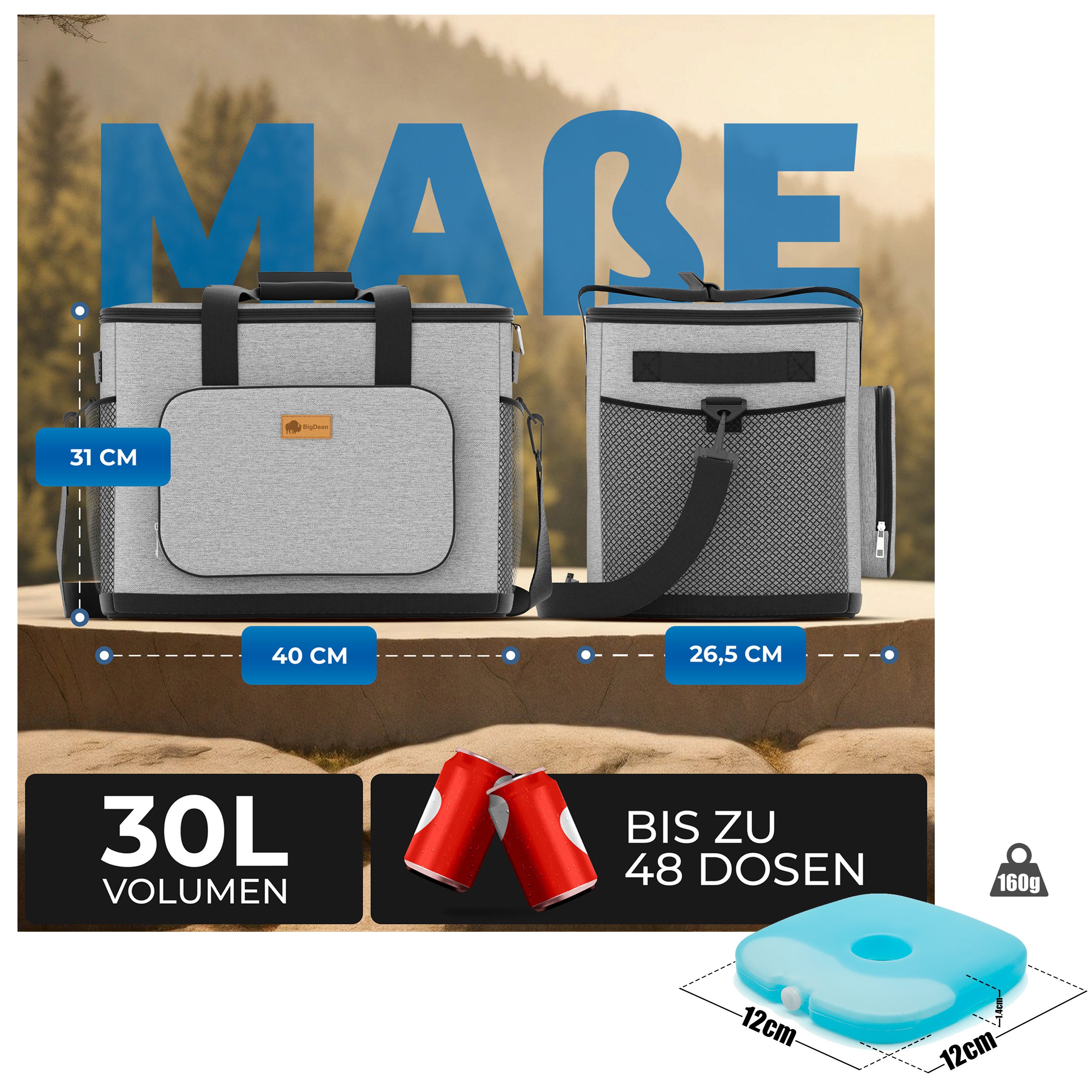 BigDean Thermobehälter Kühltasche groß 30L + 6 Mini Kühlakkus perfekt als Picknicktasche, Oxford Gewebe. Kunststoff. Metall, (Set, 1-tlg., Kühltasche + Akkus), Isoliert