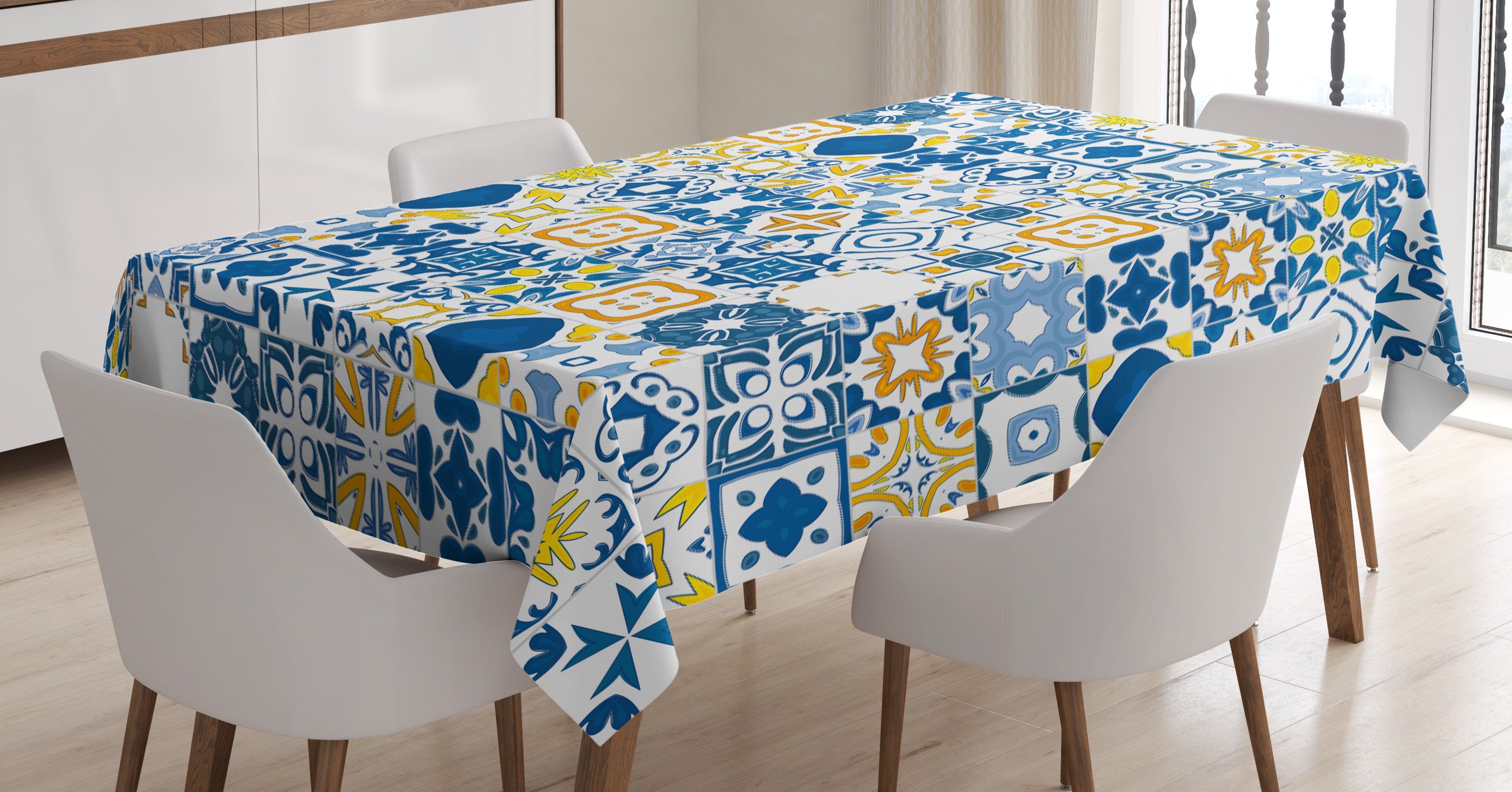 Abakuhaus Tischdecke Farbfest Waschbar Für den Außen Bereich geeignet Klare Farben, Gelb und Blau Mosaik Azulejo