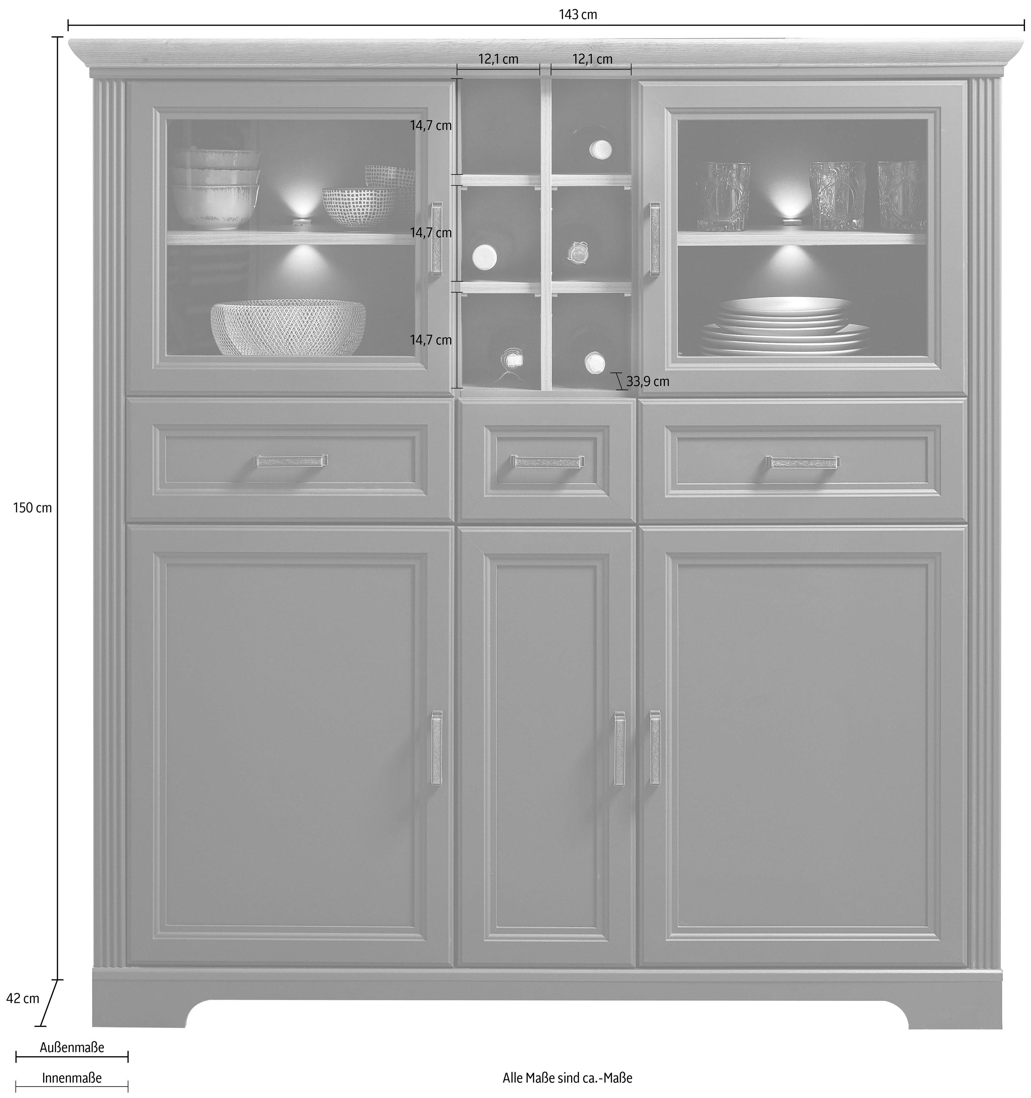 Innostyle Highboard Jasmin, 2 Glas-/Holztüren, 8 offene Fächer, inkl. LED-Beleuchtung