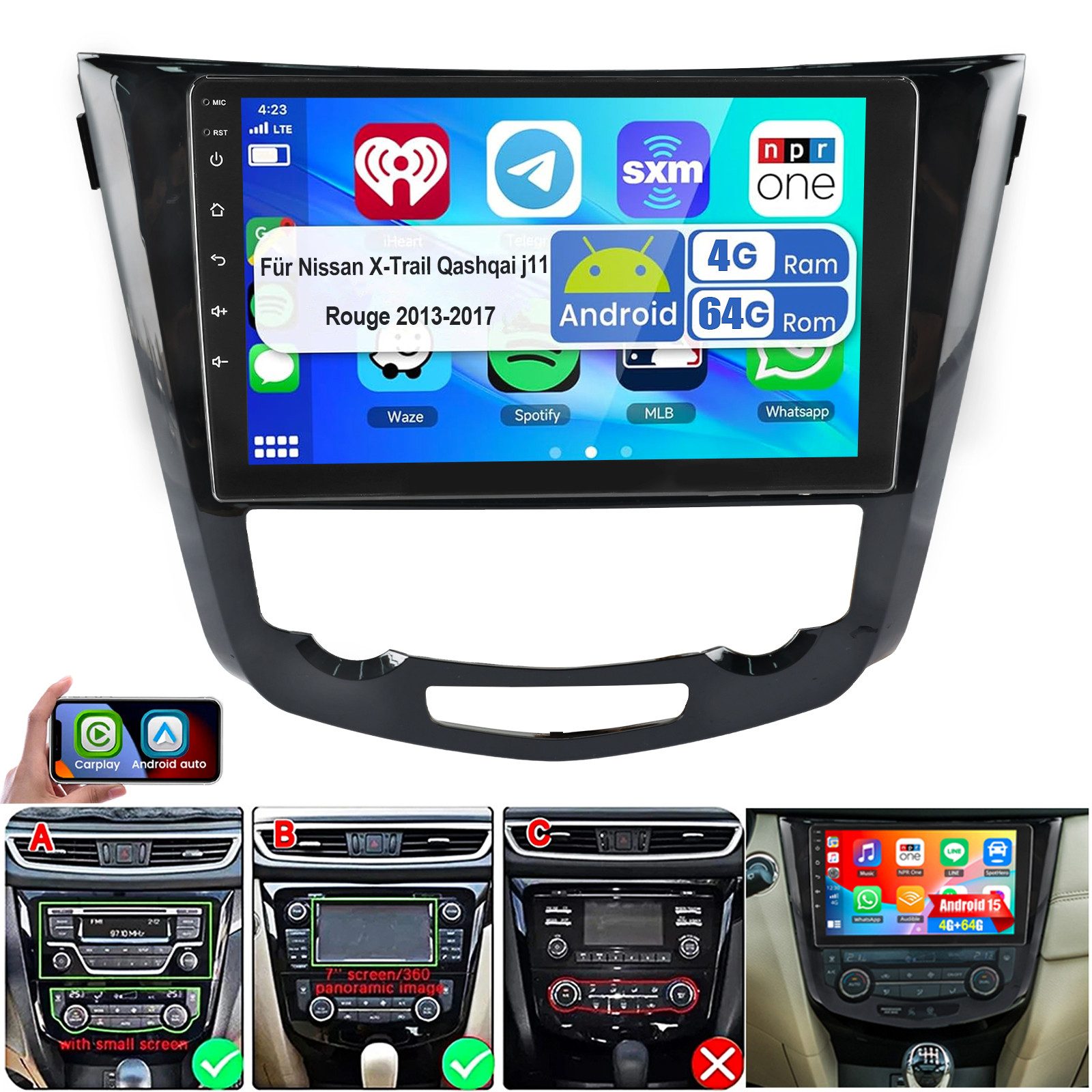ESSGOO Android15 Autoradio Für Nissan X-Trail Qashqai j11 Rouge Carplay RDS Autoradio (RDS, 4+64GB(optional), Digitalradio (DAB), FM, BT 4.1, GPS, WIFI, SWC)